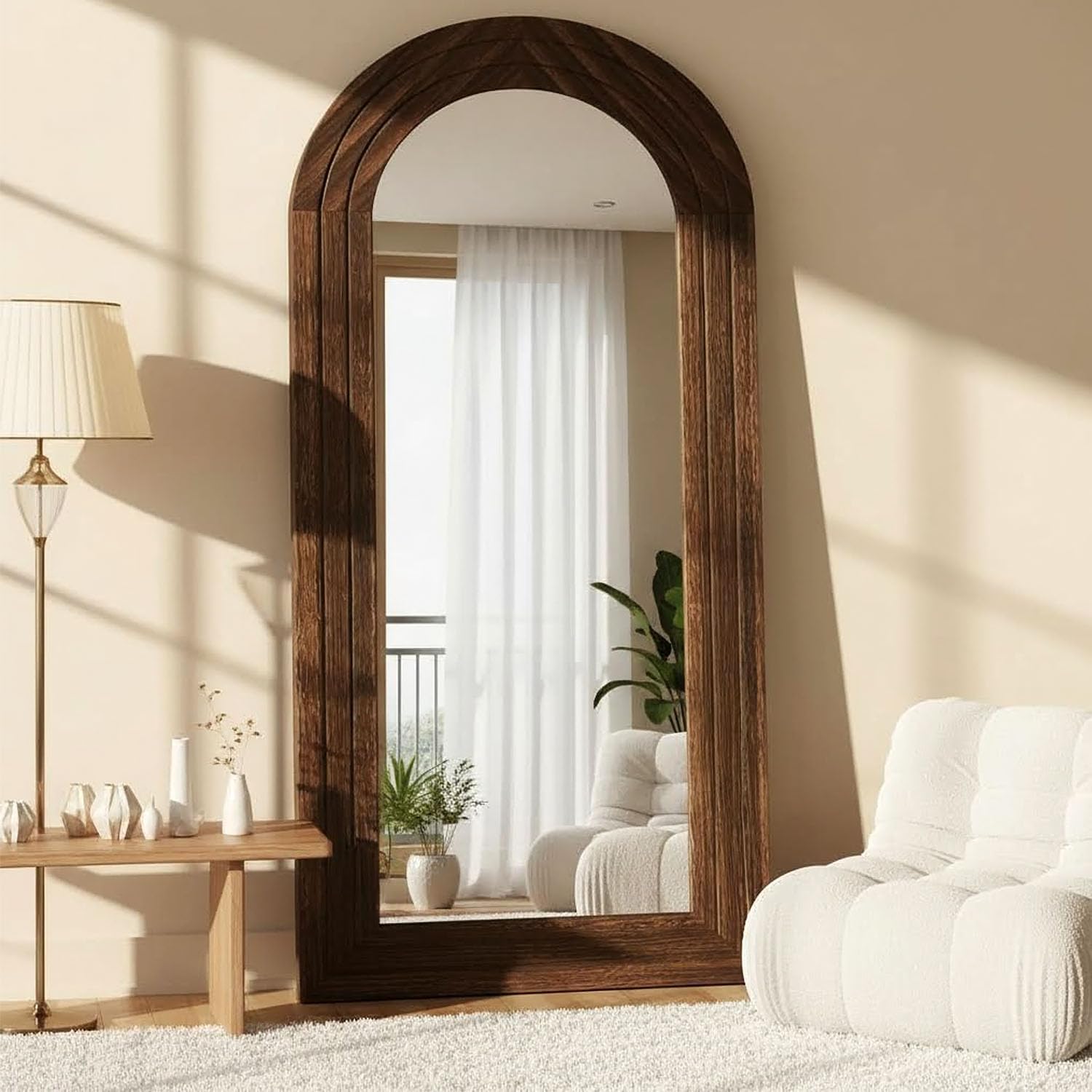 Arched Full Length Mirror with Solid Wood Frame, 72" x 32" Farmhouse Floor Mirror, Wall Mounted or Leaning for Bedroom, Living Room, Brown