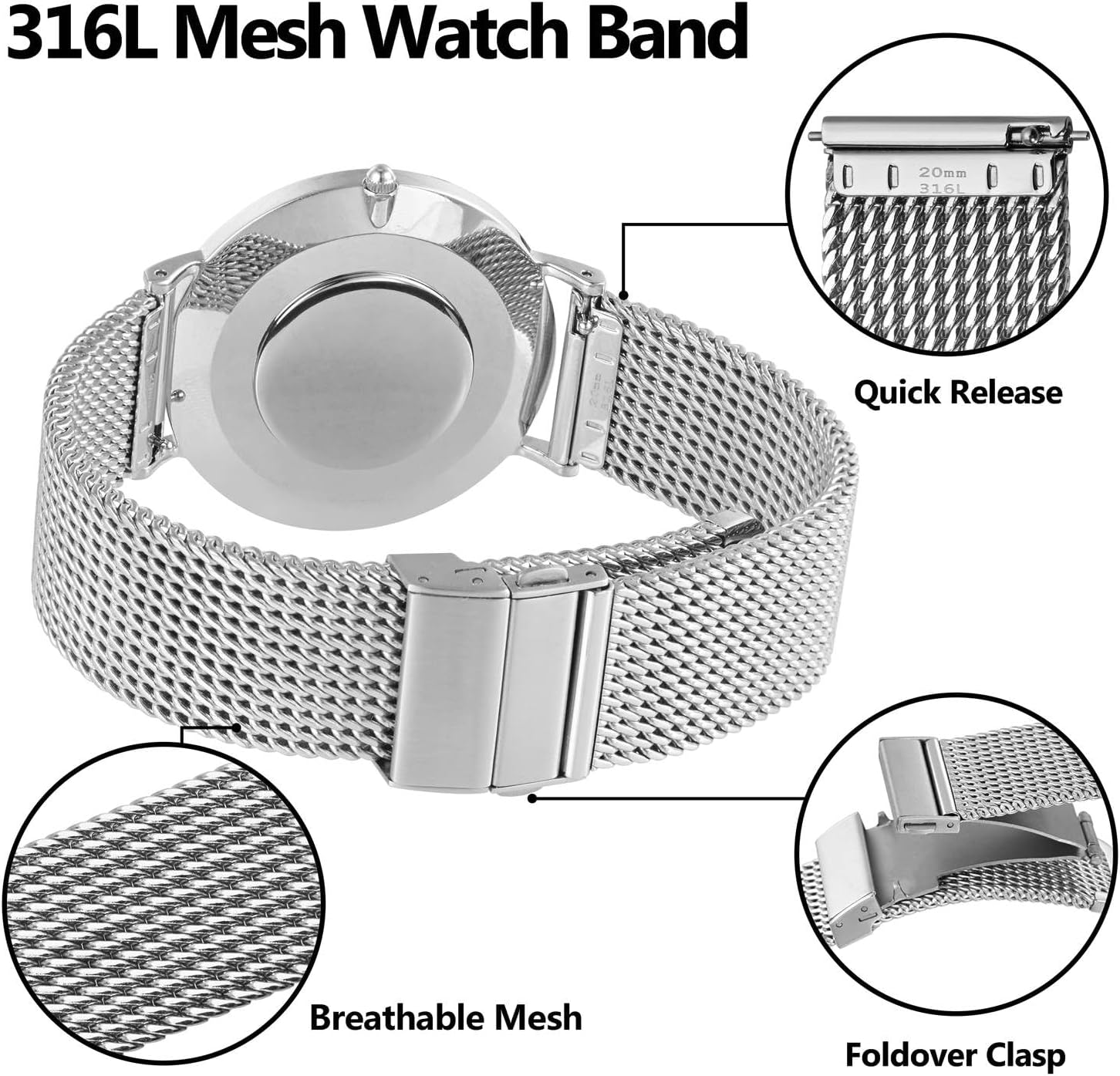 BISONSTRAP Metal Watch Bands, Foldover Clasp, 316L Stainless Steel Mesh Watch Straps, Quick Release Replacement Band for Men and Women, 18mm 20mm 22mm - Image 4