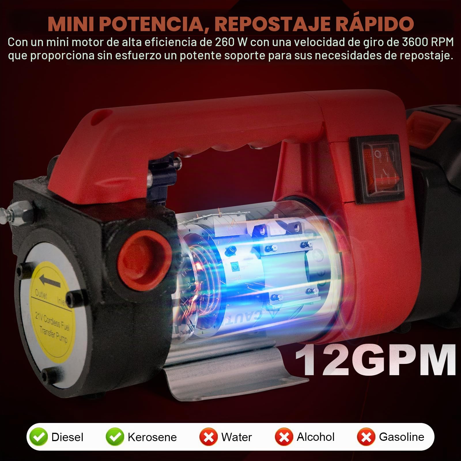 Eléctrica Bomba de Transferencia de Diesel, Bomba de transferencia | combustible, Bomba Extractora de Fluido Diesel, Inalámbrica, Autocebante, Portátil, 45L/Min, 260W, con1X4.0Ah Batería
