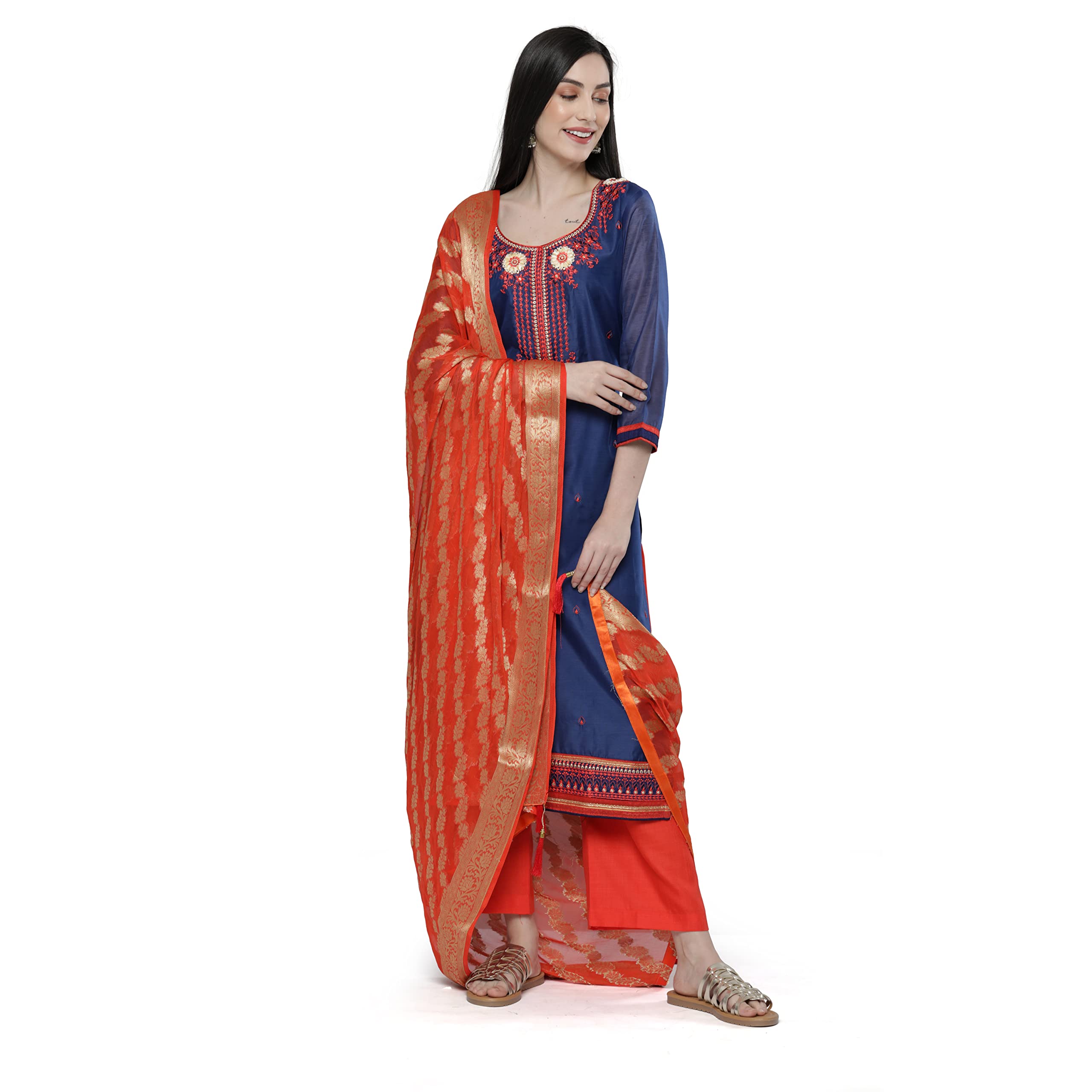 Chanderi Silk Embroidered Kurta Pant with Dupatta, Blue, S
