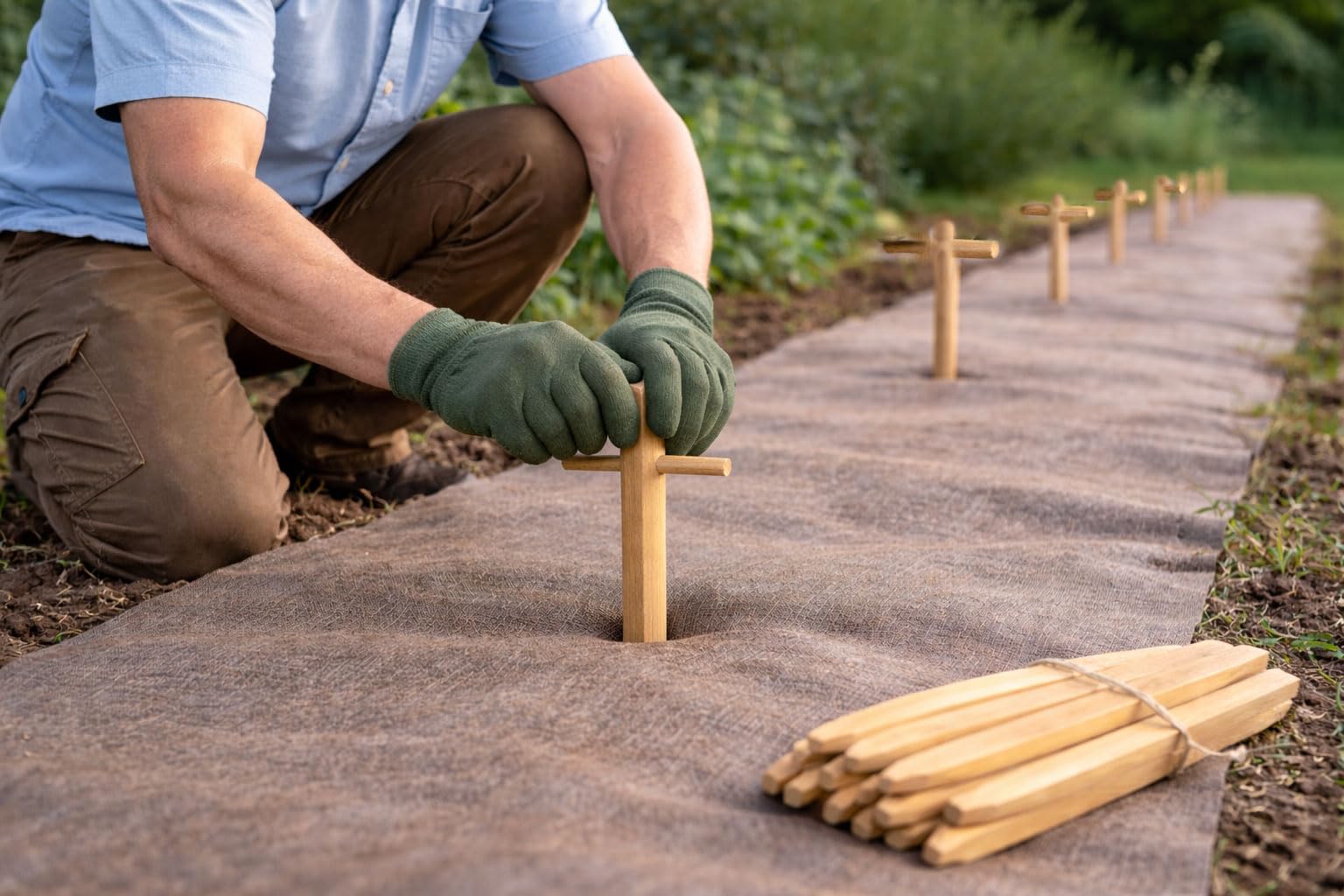 Set di 60 picchetti di fissaggio in legno di pioppo per tela di pacciamatura - Ancoraggio suolo autorodegradabile giardino orto, fissaggio telone pacciamatura