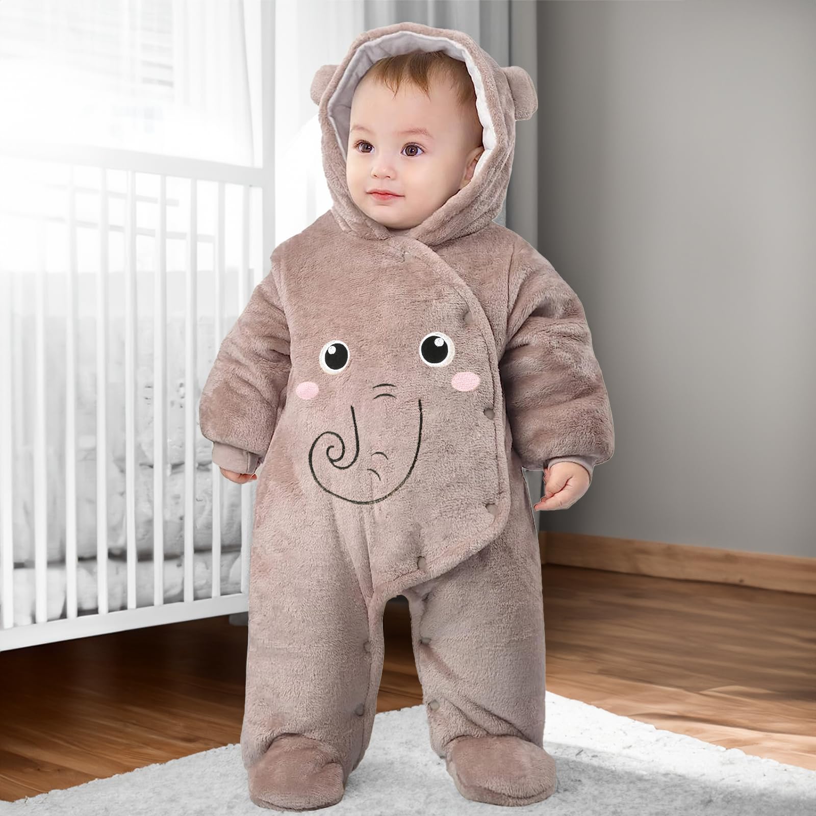 Tuta invernale in pile con cappuccio, per bambini, abbigliamento caldo da neve, da 3 a 6 mesi, motivo elefante nero