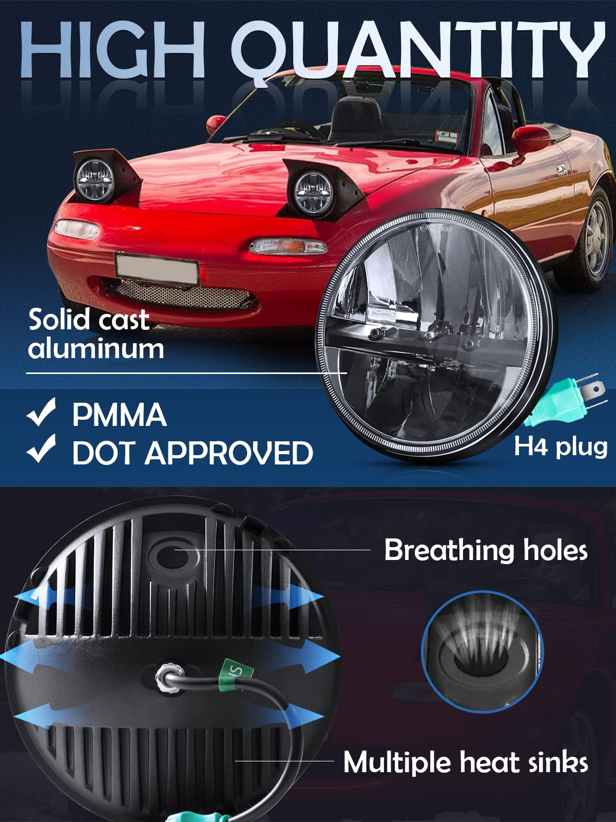 ZIMABLUE 7 inch LED Headlight 2PCS Cool White High Low Beam Plug and Play 7" round Headlights H6024 LED Headlight DOT Approved Compatible with Jeep Wrangler JK TJ CJ, Truck SUV etc (Reflector (2pcs))