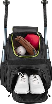 Summit Ridge 17" Baseball Backpack with Bat Holders, Vented Shoe Compartment, Fleece Tech Pocket, Ripstop Sports Bag for Baseball, Softball & Travel Black & Electric Green