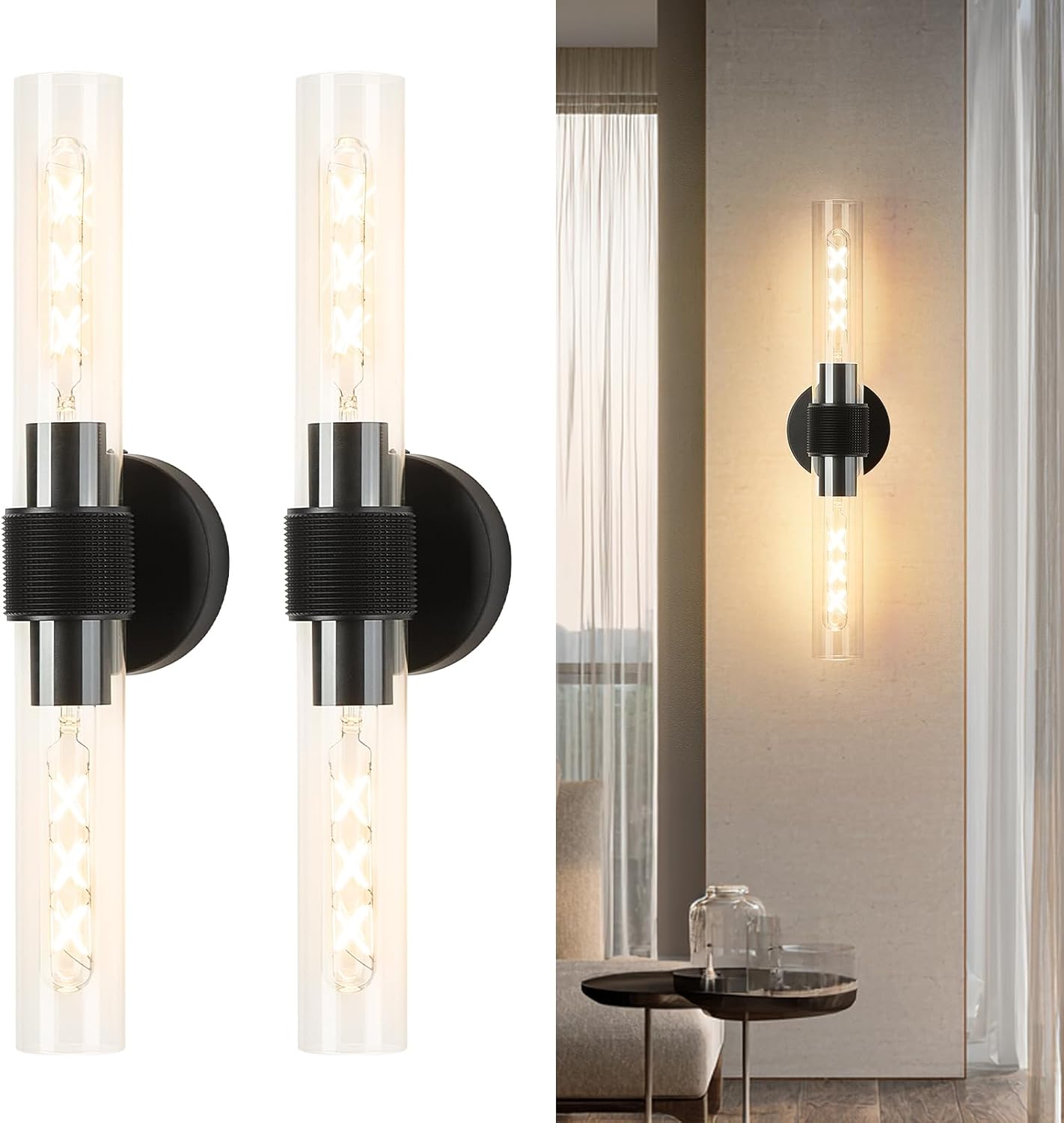 OKELI Wall Sconces Set of Two, 20.3" Black and Gold Bathroom Sconces Lighting with Clear Glass, Hardwired Modern Sconces Wall Decor Set of 2 Light fixtures(Black, Without Ring)