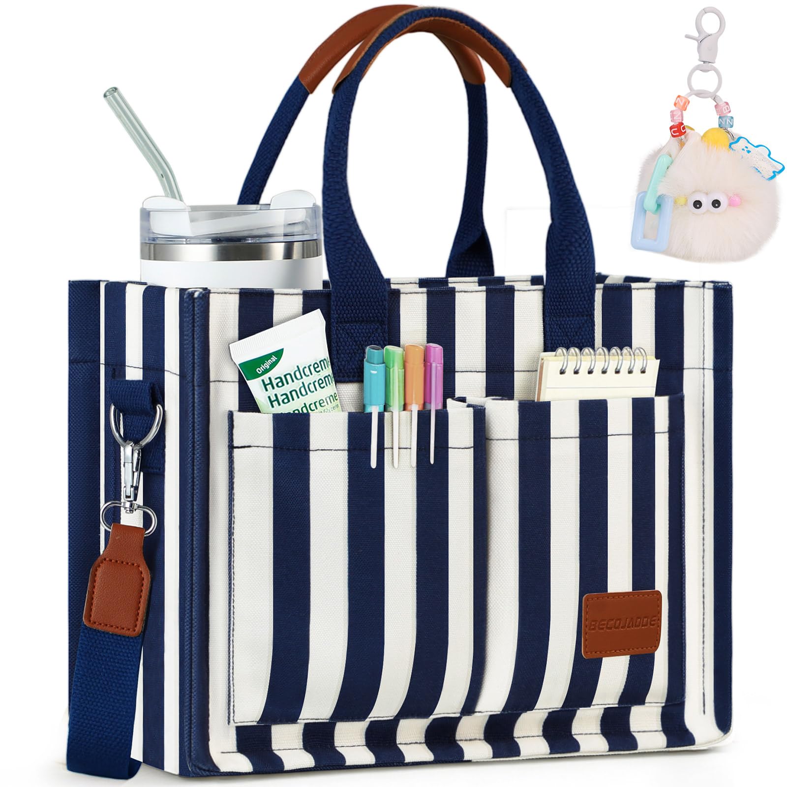 BECOJADDE Structured Canvas Tote Bag for Women, Multi-Compartment Zippered Purse for Work Bible Travel X-Large Stripe Navy