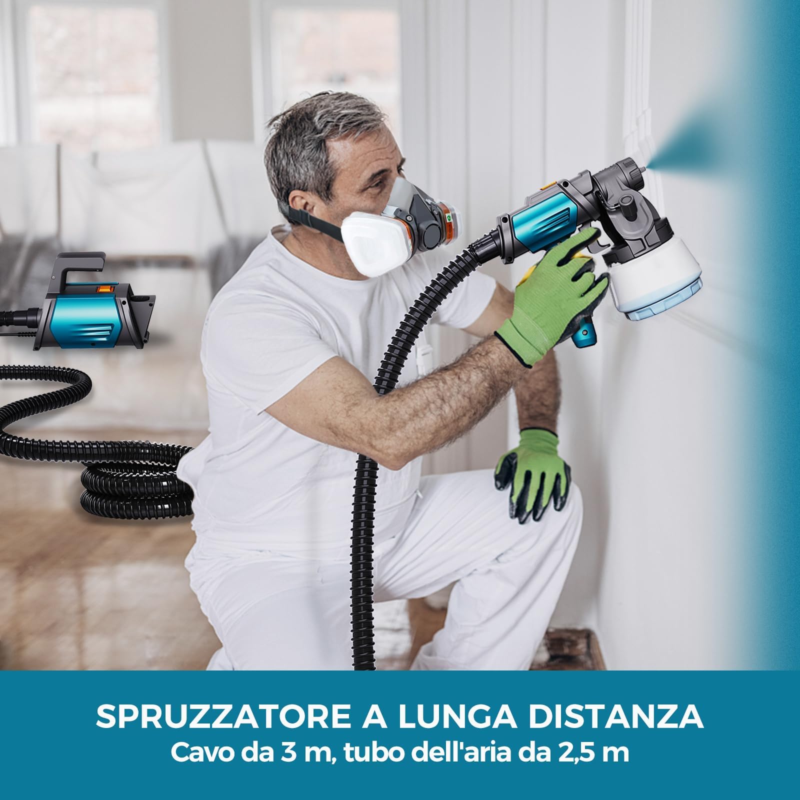 Tilswall Pistola a Spruzzo per Verniciare Shark 800, Pistola Vernice Elettrica con Contenitore 1300 ML, 4 Ugelli in Ottone e 3 Modalità di Spruzzo, 1200 ML/MIN, Facile da Pulire per Mobili, Pareti
