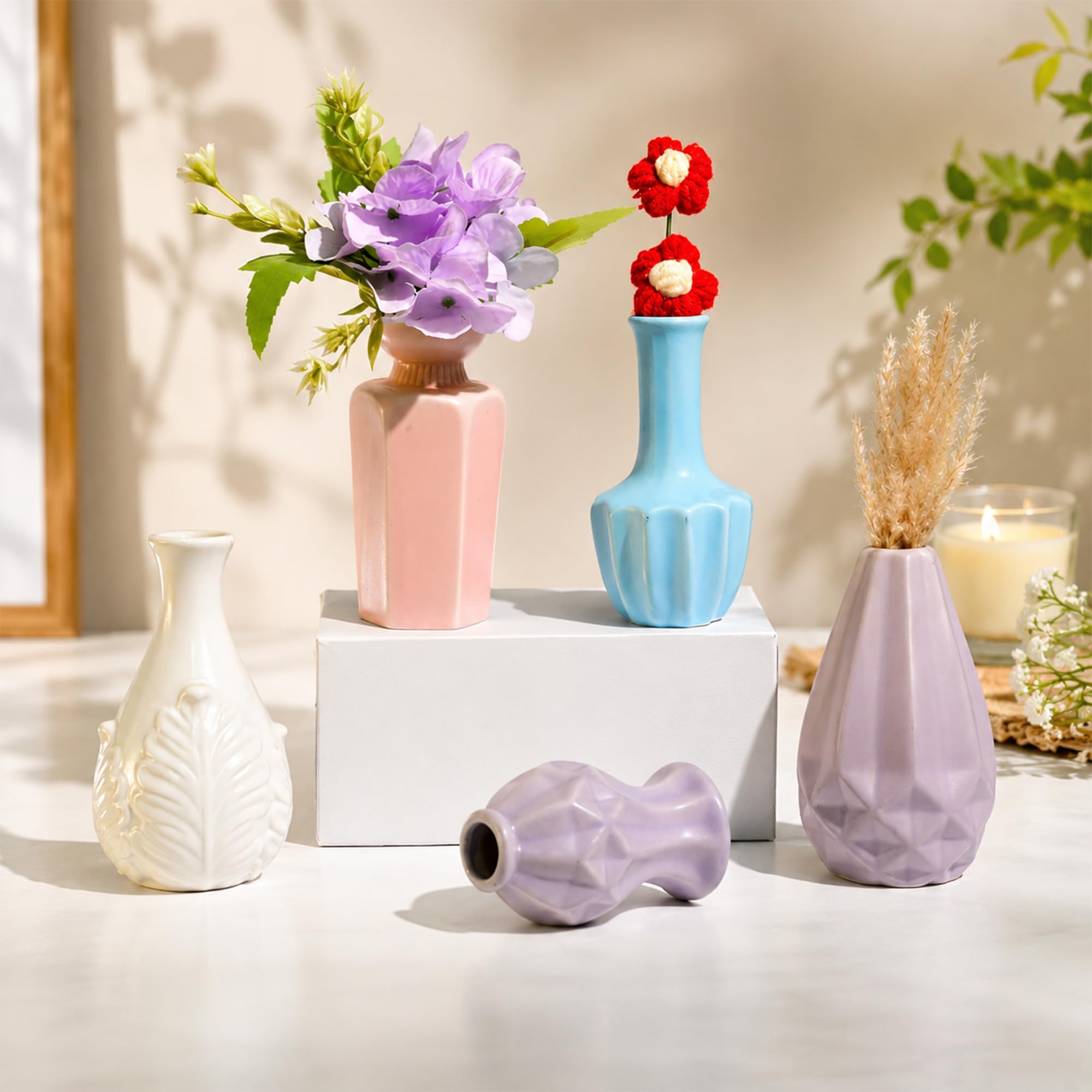 Set of 5 Multicolor Ceramic Decorative Vases | Modern Pastel Flower Vase Set for Home Décor, Living Room, Table, Shelf & Gifting-image-21