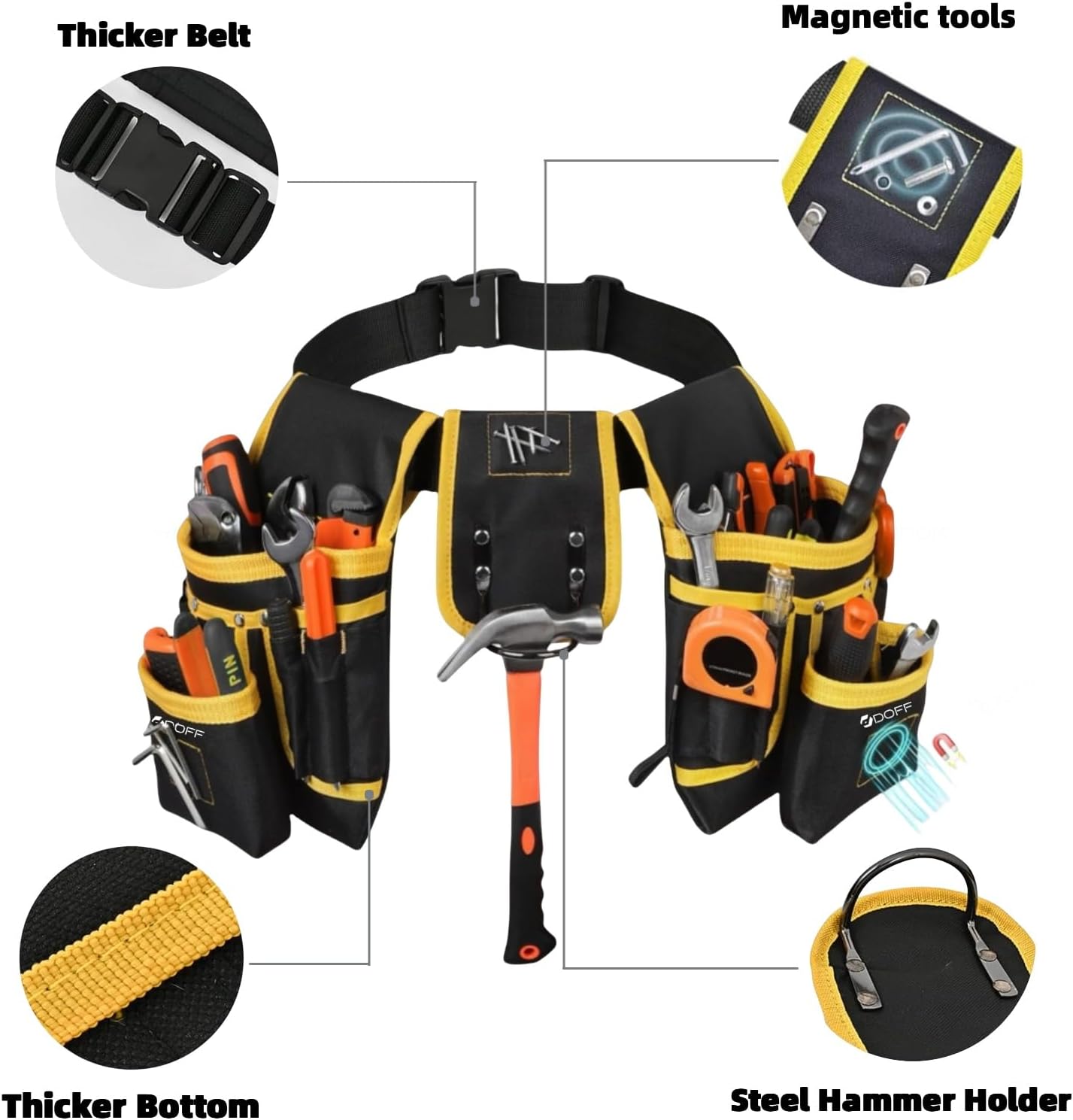 DOFF Tool Belt, Magnetic Tool Pouch, Men's Heavy Duty Padded Tool Belt, 27 Pockets, Removable and Adjustable Tool Pockets, Electrician, Carpenter, Construction, Work Apron, Utility Belt, Black Yellow
