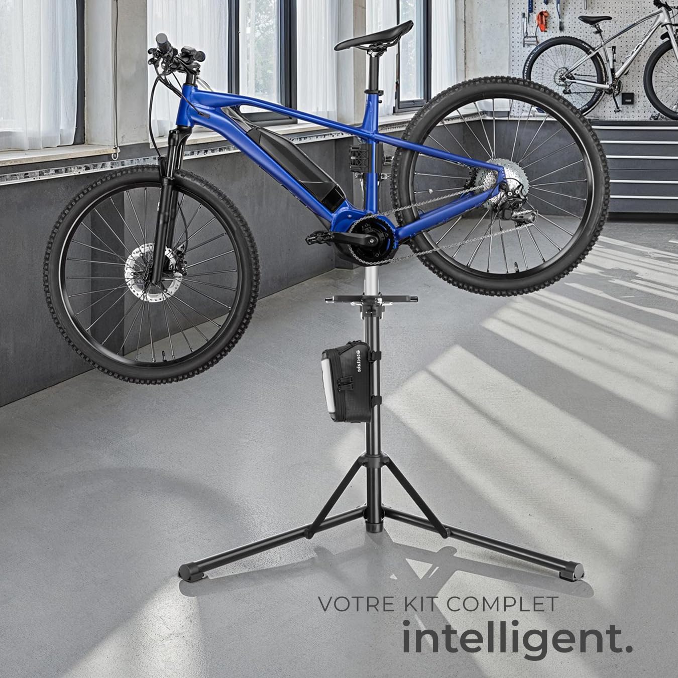 tectake® Set de Support Velo Pieds d'atelier & Sacoche velo, Montage Entretien Reparation VTT Vélo électrique Velo de course, Support pour Outils, Charge max. 50kg Réglable Pliable 108x81x106-169 cm