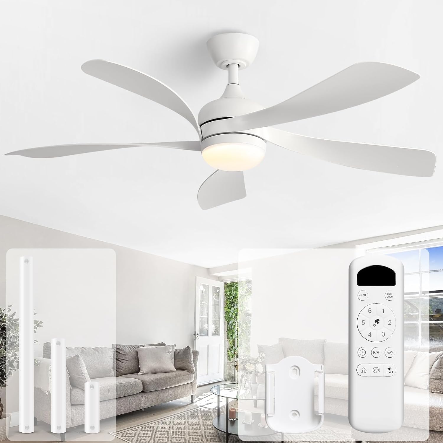 Sofucor Deckenventilator mit Beleuchtung und Fernbedienung, DC, 132 cm, 5 Flügeln, Timer, 3 Farbtemperatur, 6 Geschwindigkeiten, Sommer Winterbetrieb Leise Deckenventilator mit Licht für Schlafzimmer