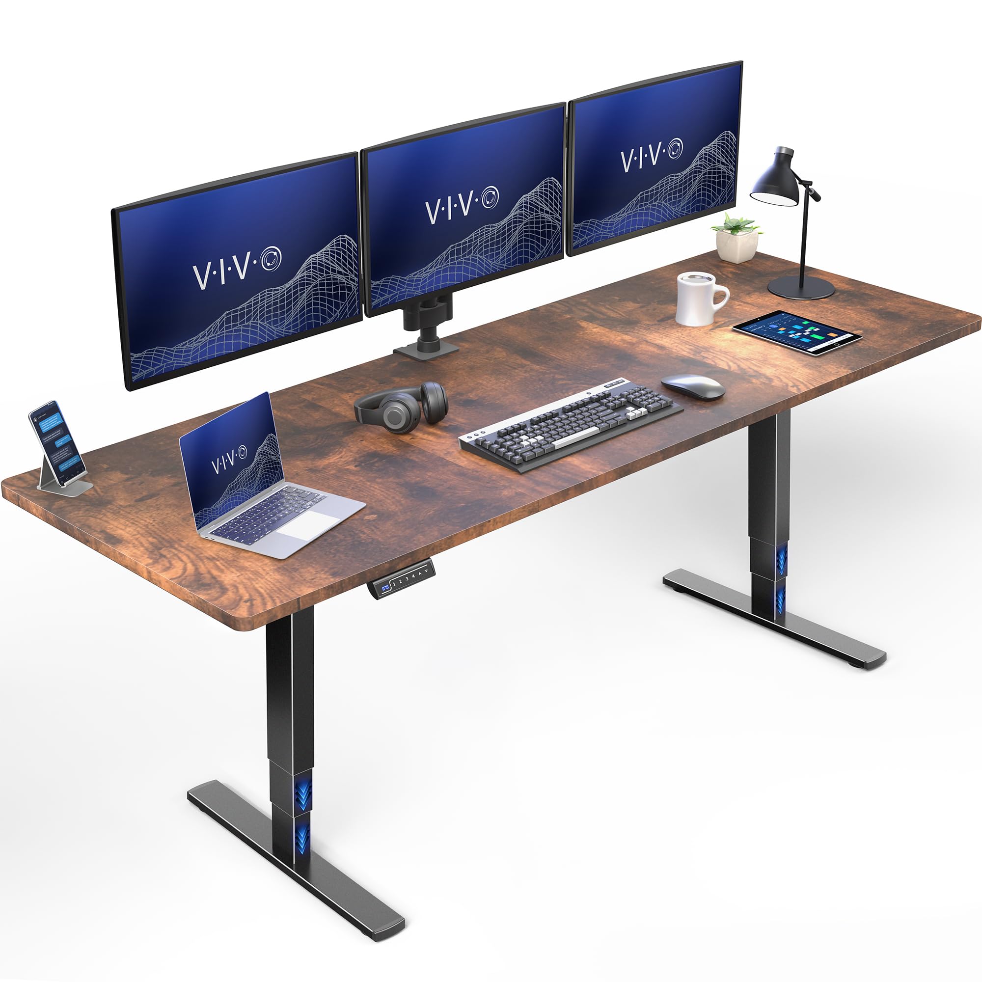 VIVO Electric 83 x 30 in Standing Desk, Touch Screen Adjustment, 220 lb Frame Support, 2E Series, Vintage Brown Top Black Frame, DESK-KIT-2E84N