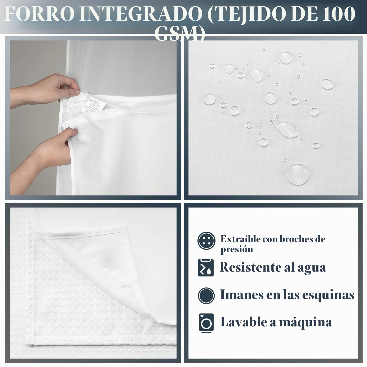 N&Y Home - Cortina de Ducha de Tejido en Relieve con Forro de Tela a presión, 12 Ganchos Blancos incluidos, Estilo hotelero, Impermeable y Lavable, Tela Pesada y Ventana Superior de Malla, 180 x