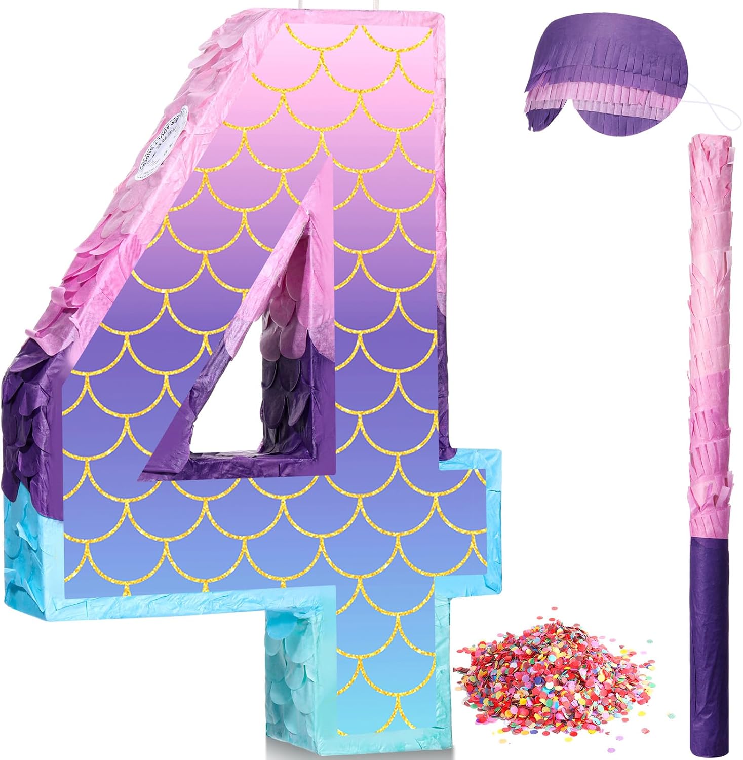 Shappy 16 Inch Mermaid Piñata Purple Number Birthday Piñata Party with Stick Blindfold Confetti for Anniversary Celebration Birthday Decoration Supplies(Number 4)