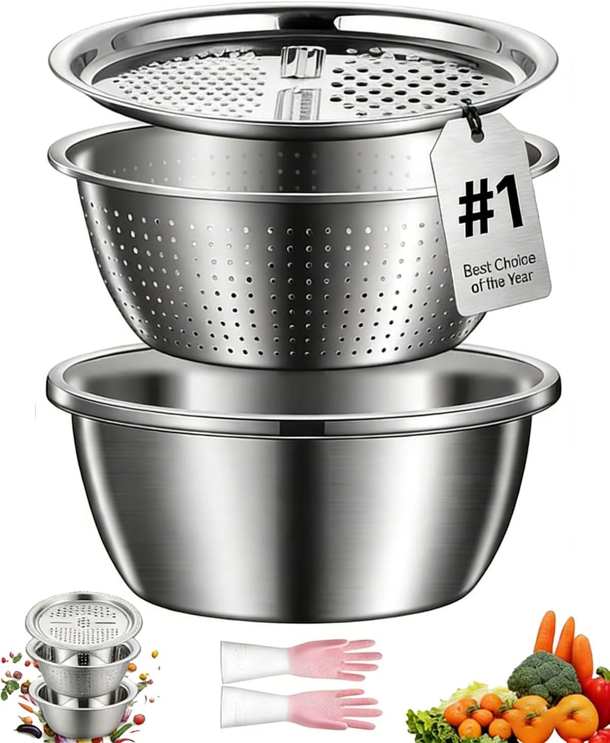 Germany Multifunctional Stainless Steel Basin, 5 in 1 Shredding and Drainage Shredder Chopping Bowl, 3 Piece Grater Strainer and Mixing Bowl, Vegetables Fruits Drain Basket, Colander Food(10.2IN)