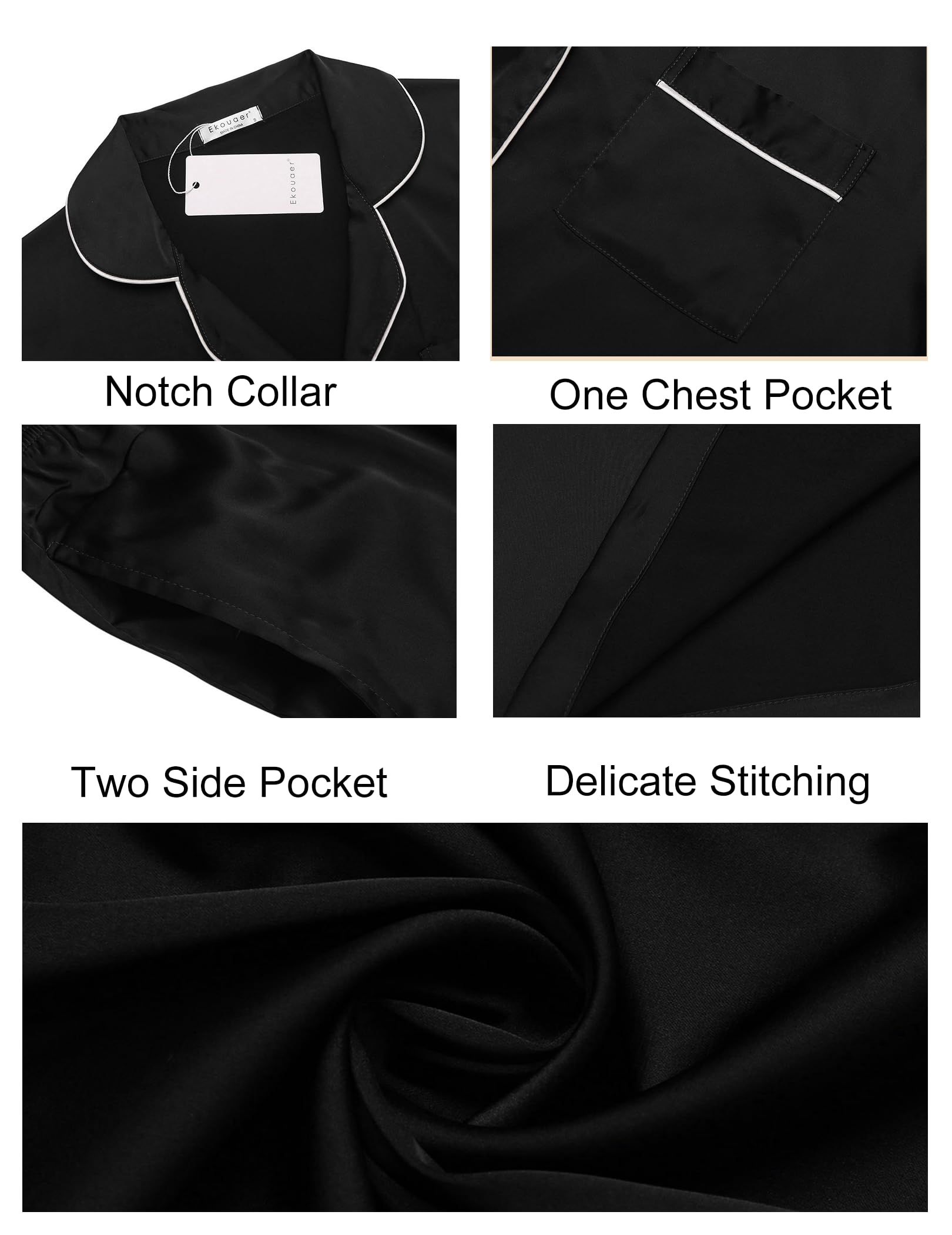 Ekouaer Pijamas a juego para parejas, de seda, de manga larga, de satén, suave, con botones, tallas S-XXL, Negro, XXL
