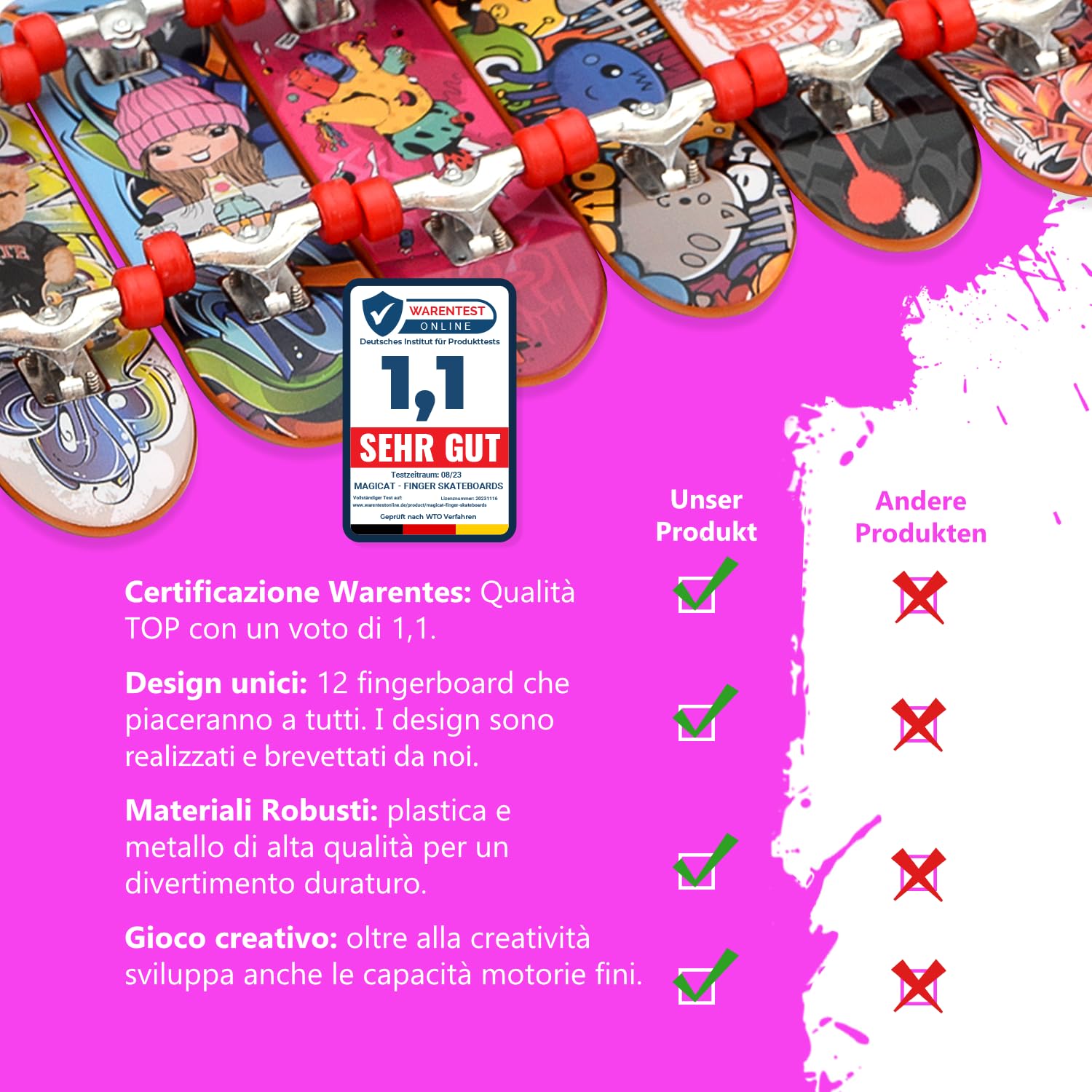 Magicat Set di 12 Mini Skateboard da Dita I 9,5 x 2,6 cm I Fingerboard Professionali in Plastica Dura con Carrelli in Lega I Gadget Compleanno Bambini 3+ Anni I Regalini Fine Festa