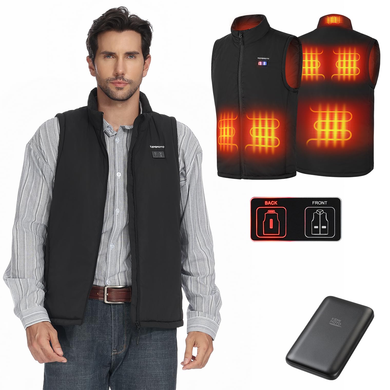 KEMIMOTO Chaleco Calefactable para Hombre y Mujer, Chaleco Eléctrico Calefactado con 6 Zonas de Calefacción, Chaleco Cálido con Batería de 9600 mAh para Esquí, Senderismo y Caza