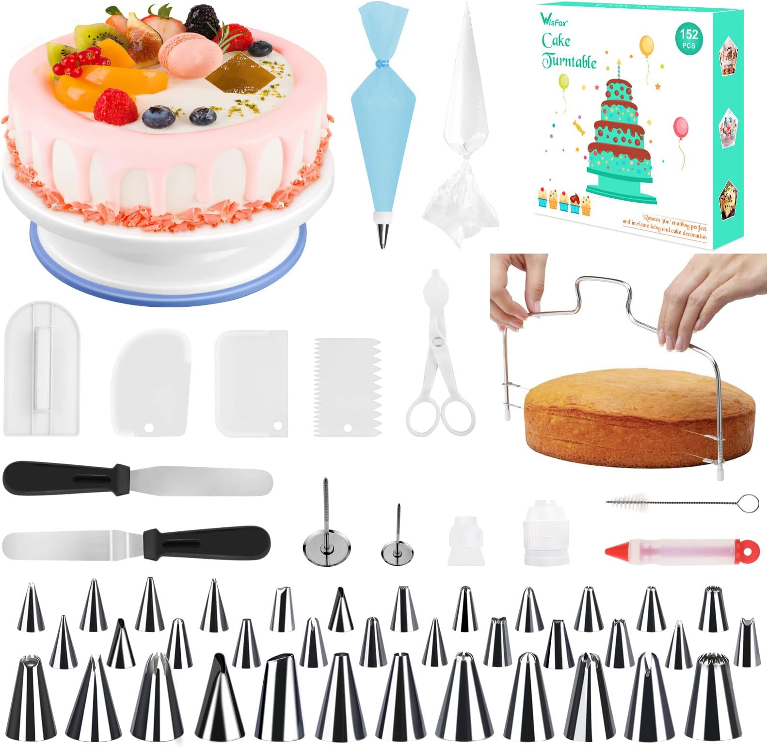 152 pcs Cake Decorating Supplies, Cupcake Decorating Kit Baking Supplies Equipment with Nonslip Turntable Stand, Coupler, Frosting, Piping Bags, Icing Spatula, Pastry Tool, Cake Scrapers