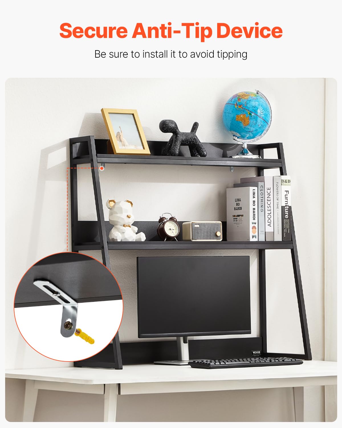 VEVOR Schreibtisch Bücherregal 2-stufiger Organizer (95 x 32 x 90 cm) Tischregale Organizer Ausstellungsregal aus Spanplatten + Melaminpapier + Q195A, Regal mit rutschfesten Füßen, Büro schwarz