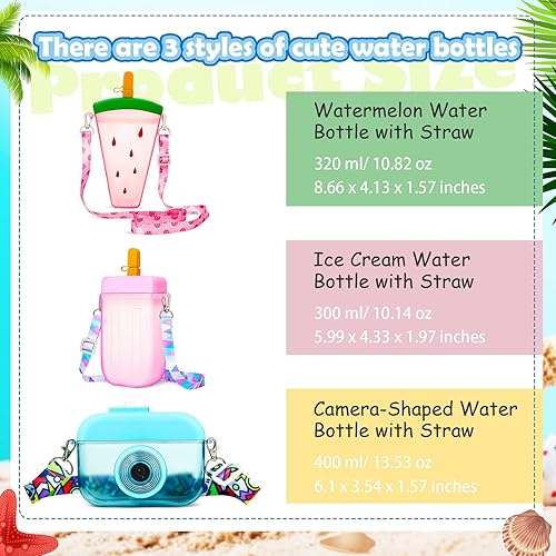 Miniatura 2 de 3 botellas de agua con pajitas creativas Kawaii en forma de cámara de helado, sandía, correa ajustable, botella de agua de plástico para viajes,
