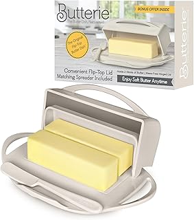 Butterie Flip Top Butter Dish with Attached Lid & Matching Knife - Holds 2 Sticks, Fits Kerrygold/European Butter - BPA Free & Dishwasher Safe - Ivory