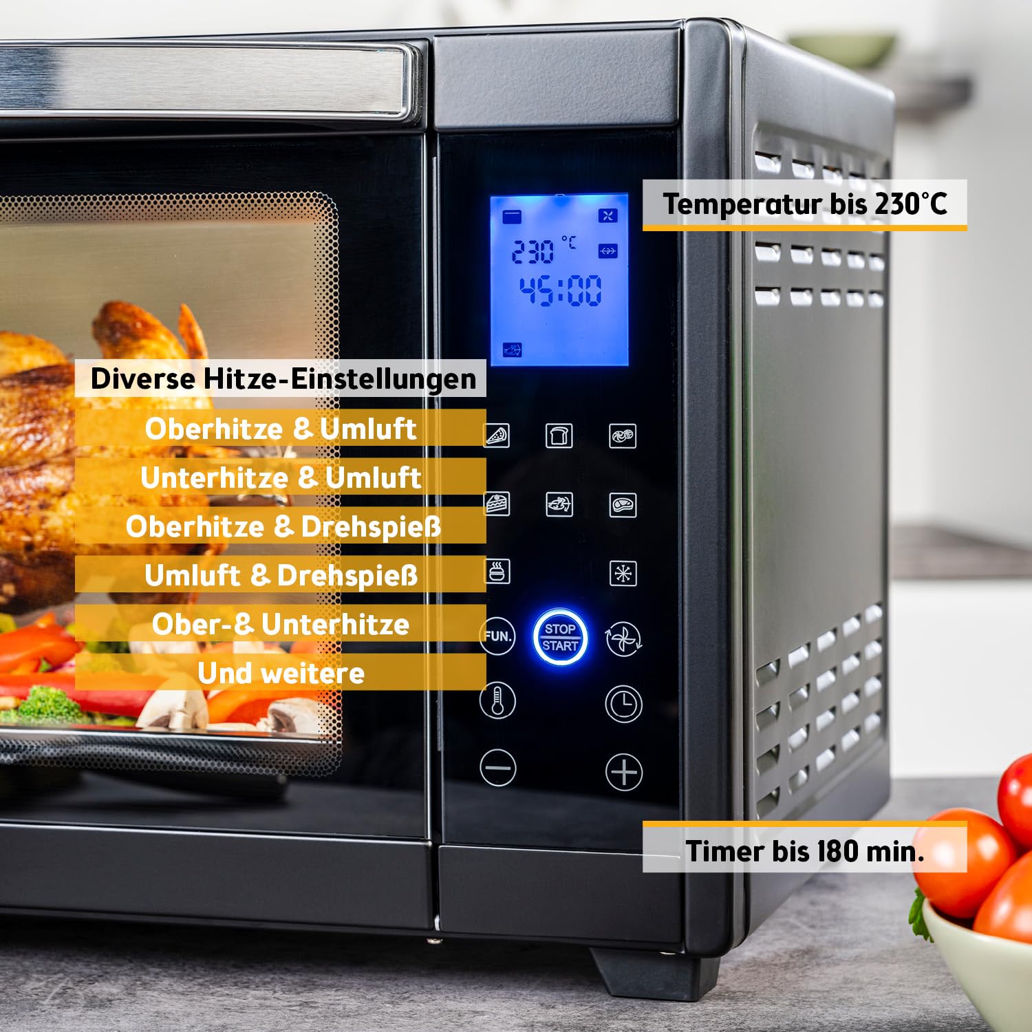 TZS First Austria - Minibackofen Digital 30L 1600W - Mini Backofen stufenlose Temperaturregelung bis 230°C - Miniofen 60 Min-Timer, 3 Einschubhöhen, Backblech & Grillrost - Für kleine Küchen & Camping