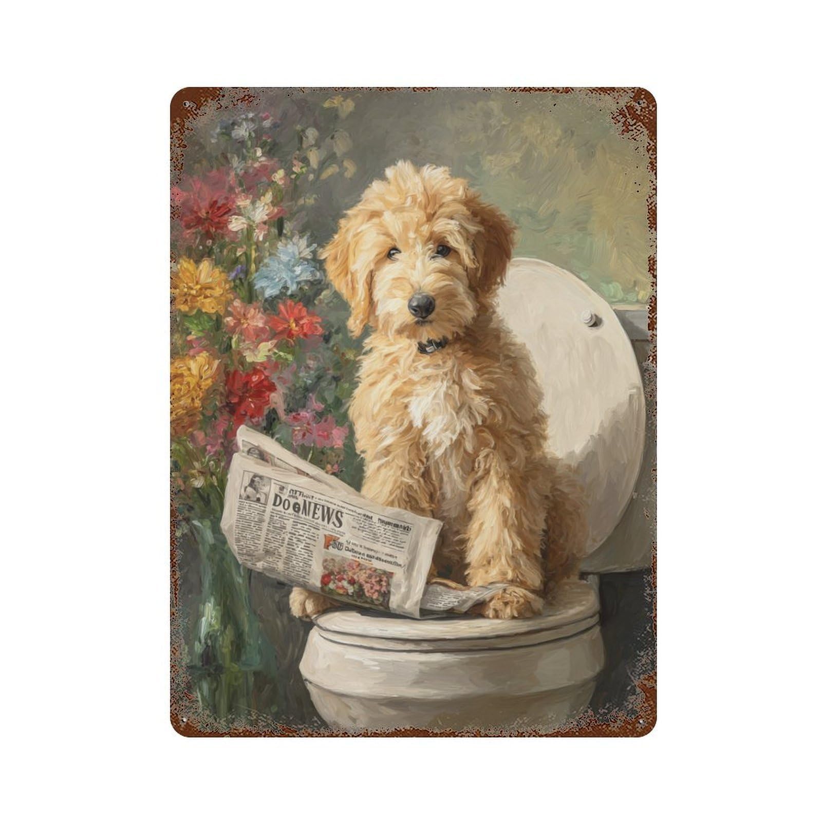 Golden Retriever Reading Newspaper on Toilet Decorative Tin Sign 15.7"x11.8", Rustic Home Decor for Cafe, Home Bar And Lounge Decor