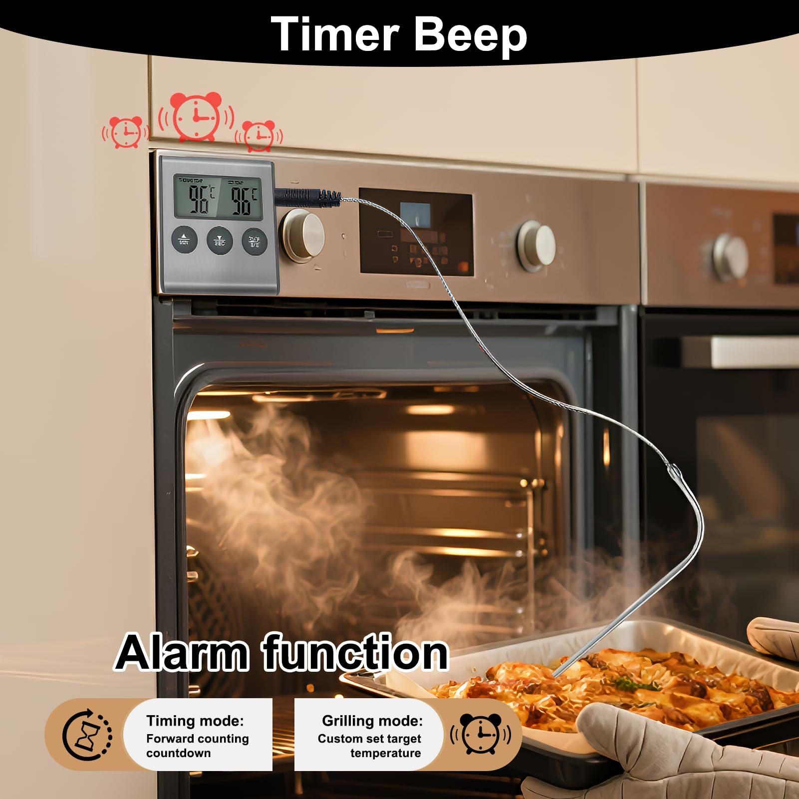 Thermomètre de Cuisson Numérique avec Grand Écran LCD, Sonde en Acier Inoxydable, Minuterie pour Four, Gril et Barbecue
