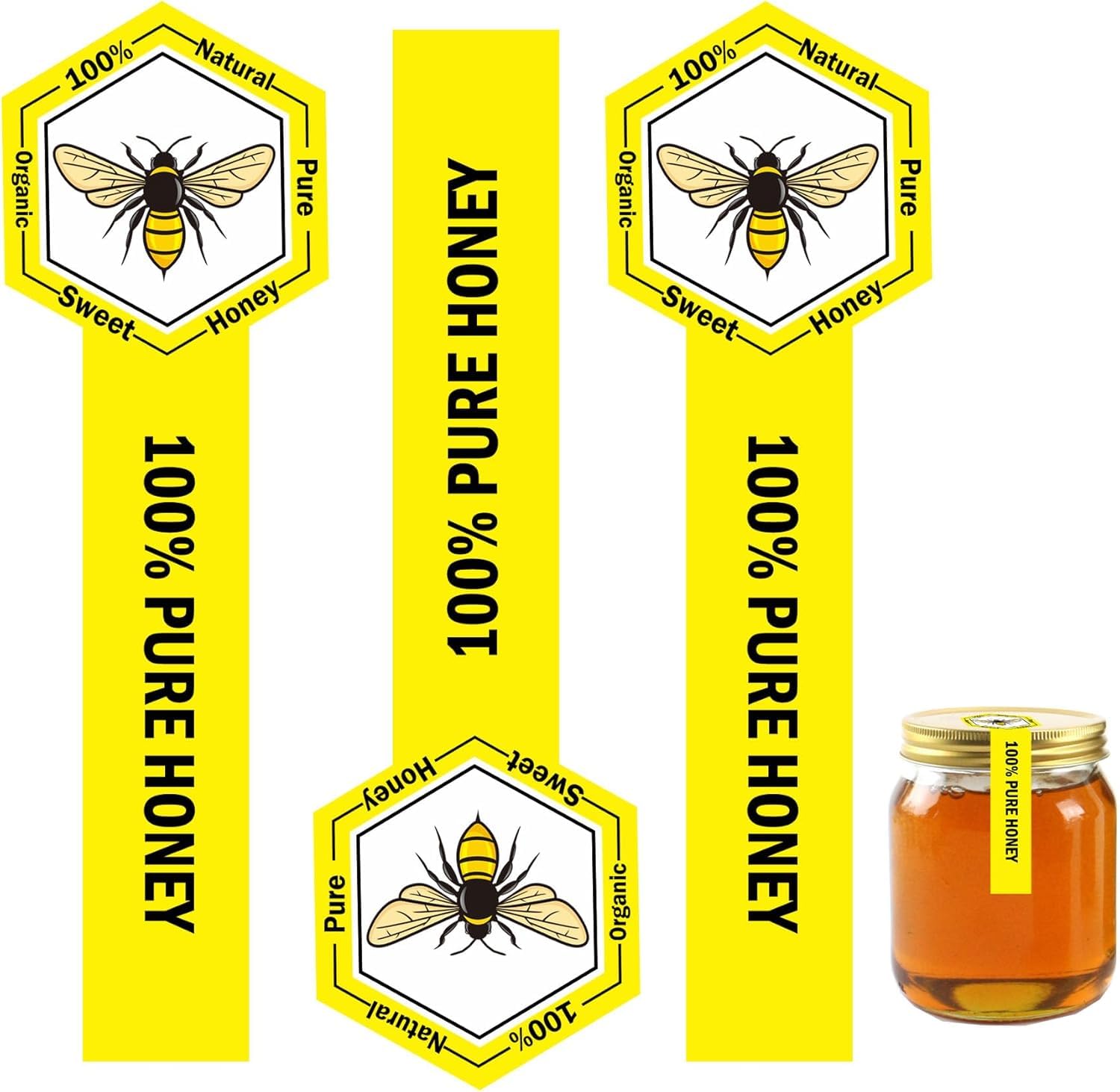 Tamper Evident Honey Stickers 1.5 x 4 Inches - Labels for Honey Jars & Bottles - 300pcs (Pure Bee)