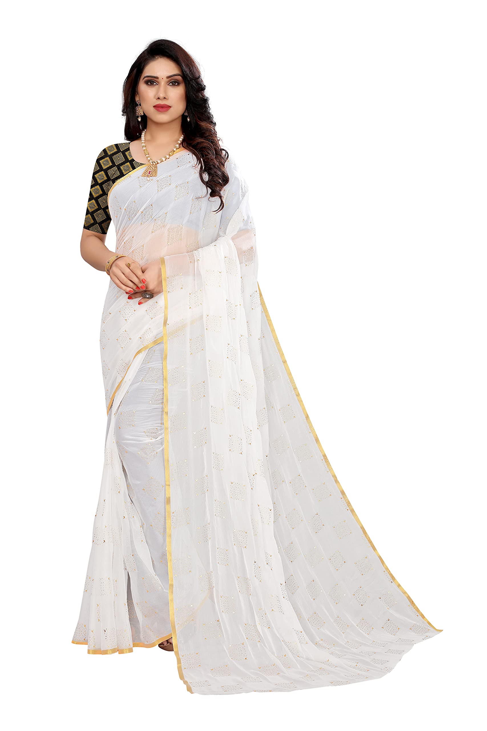 FABMORAWomen's Beaded Foil Printed Chiffon Saree With Jacquard Blouse Piece, WHITE, 5.5m