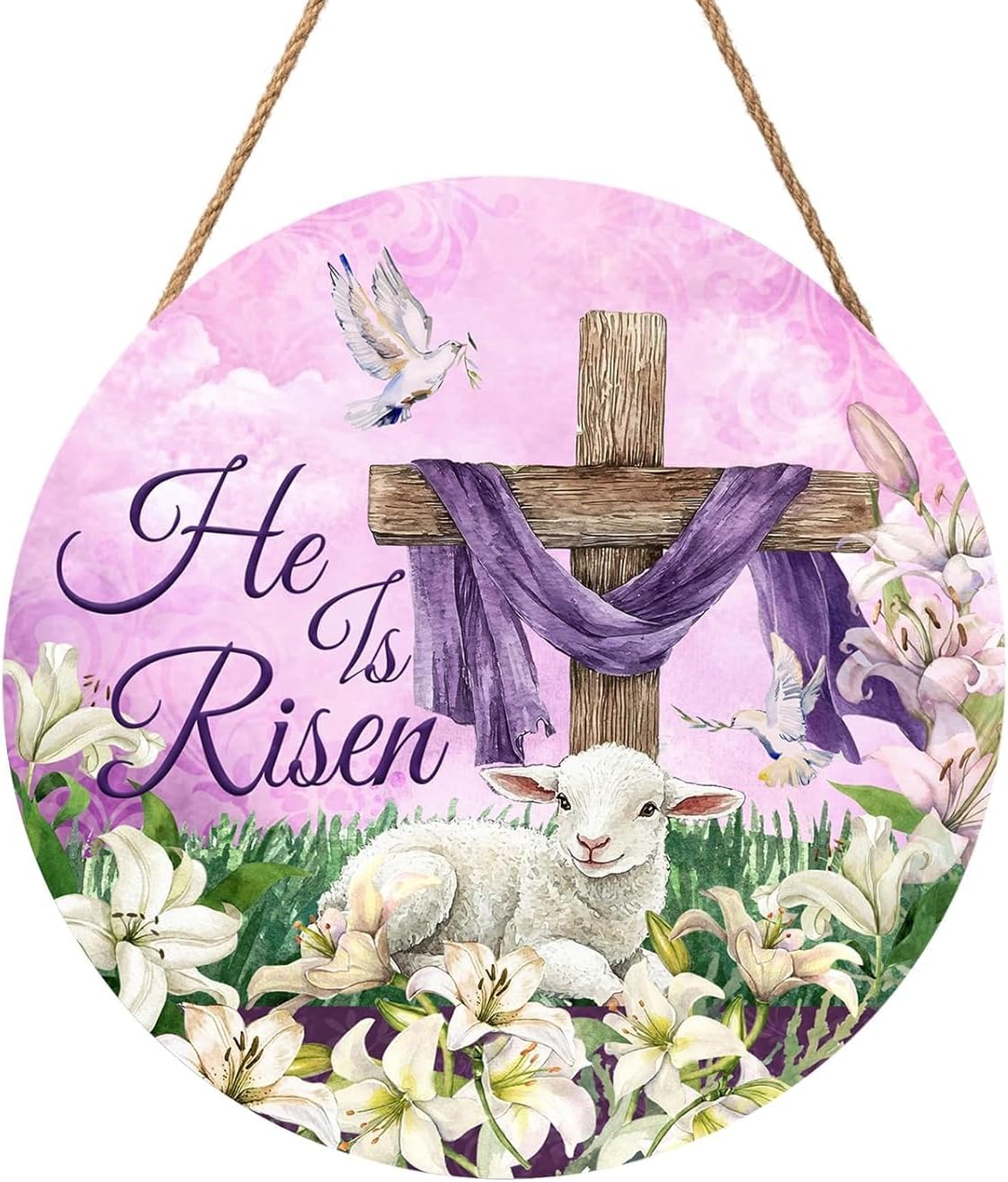 He is Risen Door Sign Wreath for Front Door Easter Cross Religious Door Decorations 12 Inch Easter Farmhouse Flowers Home Front Porch Indoor Outdoor Spring Easter Party Decorations