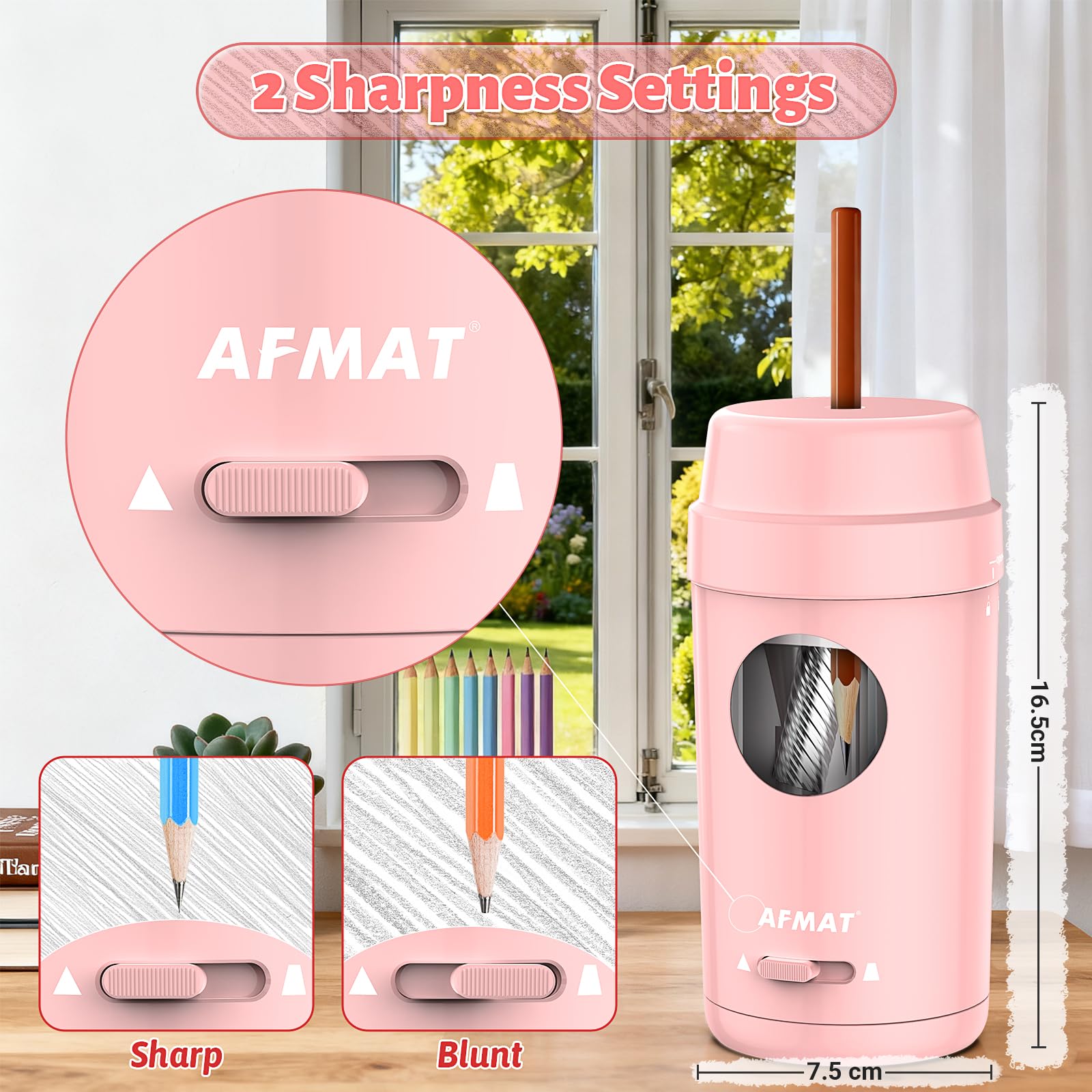 AFMAT Electric Pencil Sharpener for Colored Pencils 7-8 mm, Rechargeable Fully Automatic Pencil Sharpener with Container, Auto in&Out, Non-Slip Portable Electric Sharpener for Home,School, Pink PSX8 - Image 3