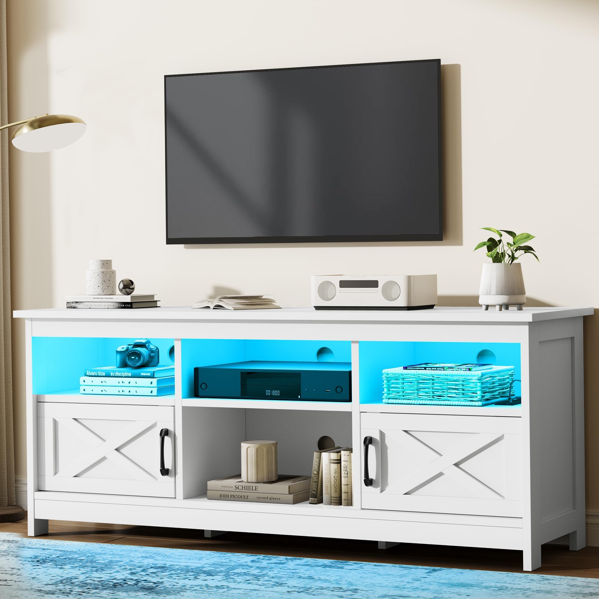 YITAHOME Farmhouse TV Stand with Power Outlet, LED Light Entertainment Center for 65 Inch TVs, TV Cabinet with Storage, Rustic Media Console for Living Room, 59" White