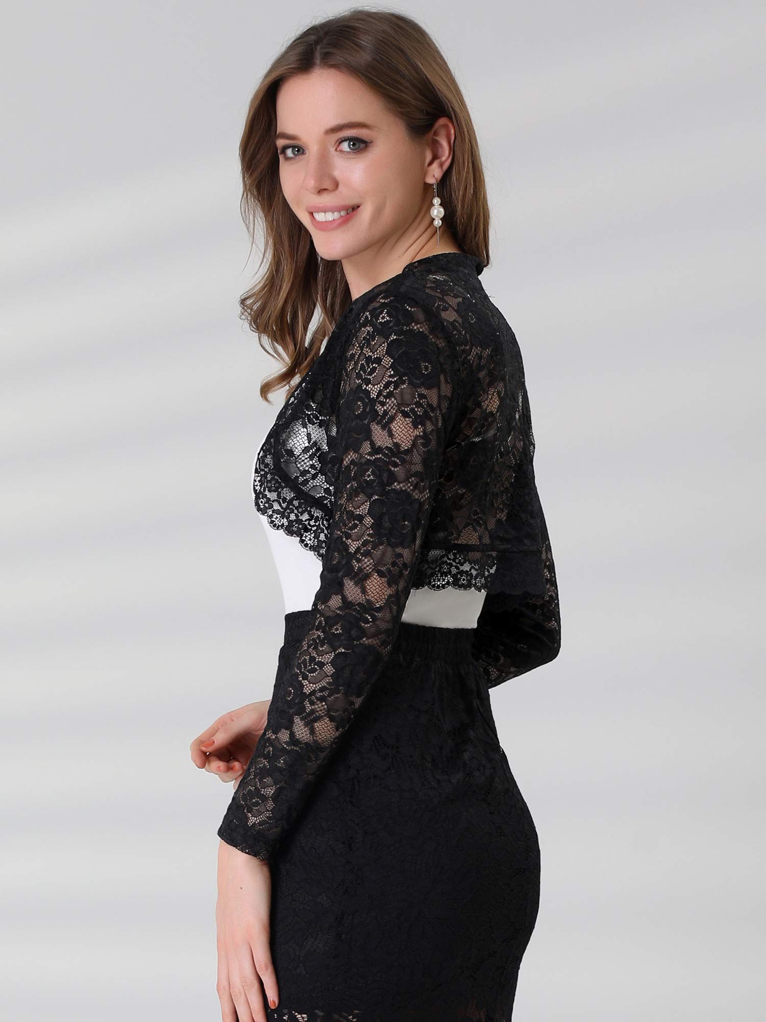 Allegra K Boléro Dentelle Florale Femme Cardigan Court Ouvert Devant à Manches Longues Boléro Élégant pour Invité de Mariage et Cocktail Gilet Court Demi-Transparent