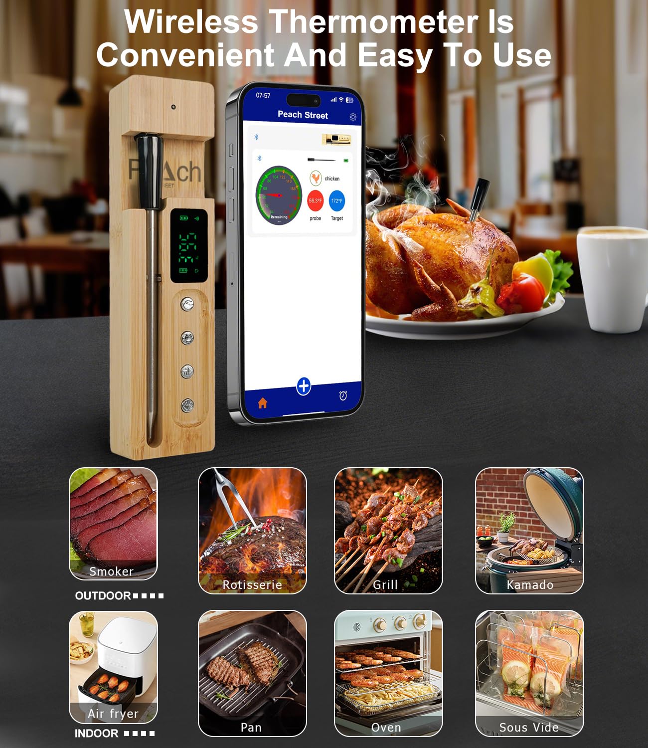 PeachStreet Thermomètre à Viande Intelligent Sans Fil, étanche Ip68,Sonde Ultra-Mince pour Surveiller à Distance Le barbecue,La Cuisson Précise Et Le Barbecue Via Bluetooth et Connexion Numérique WiFi
