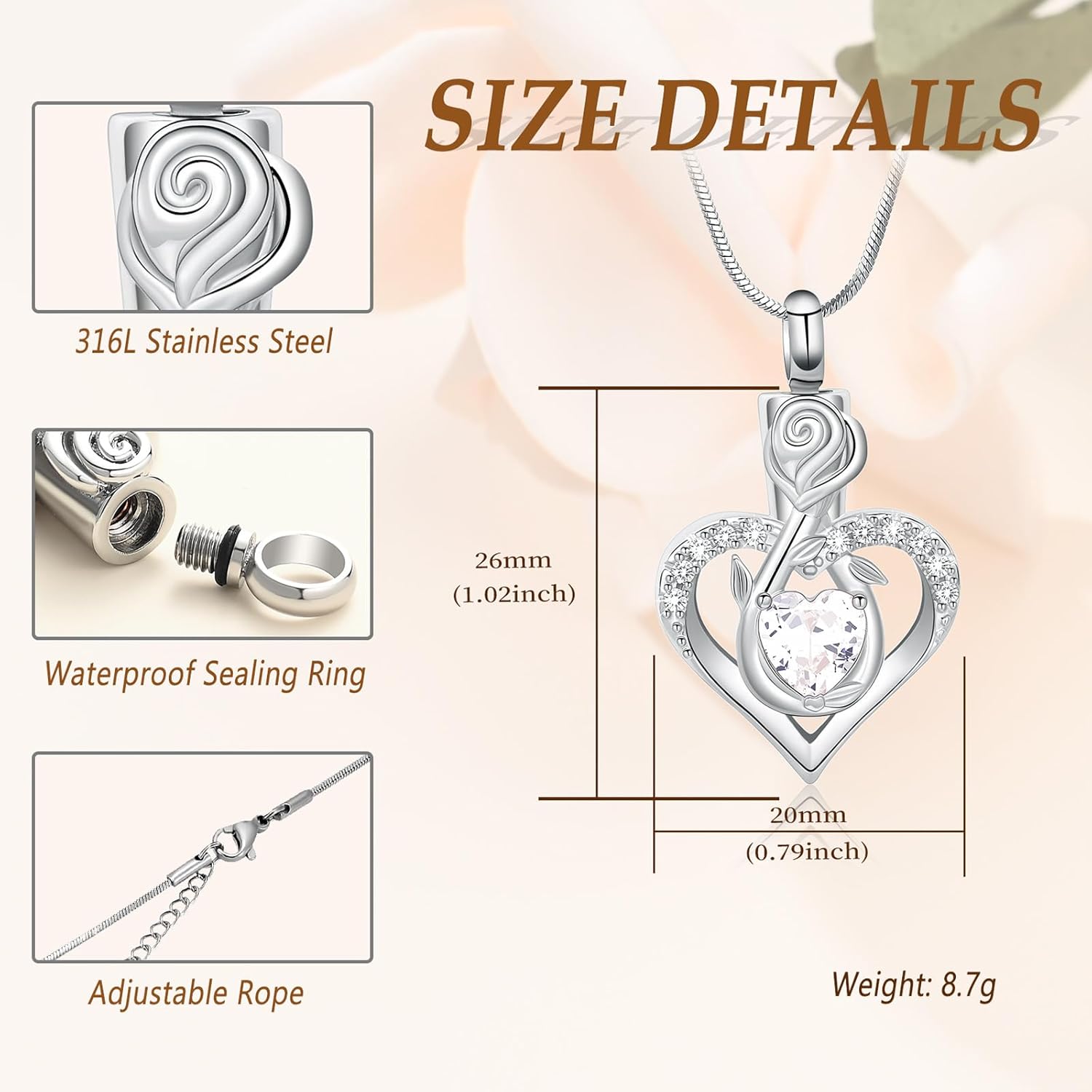 Minicremation Cremation Jewelry for Ashes Rose Flower Heart Necklace for Women Girl Birthstone Memorial Keepsake Jewelry Urn Pendant - Image 2