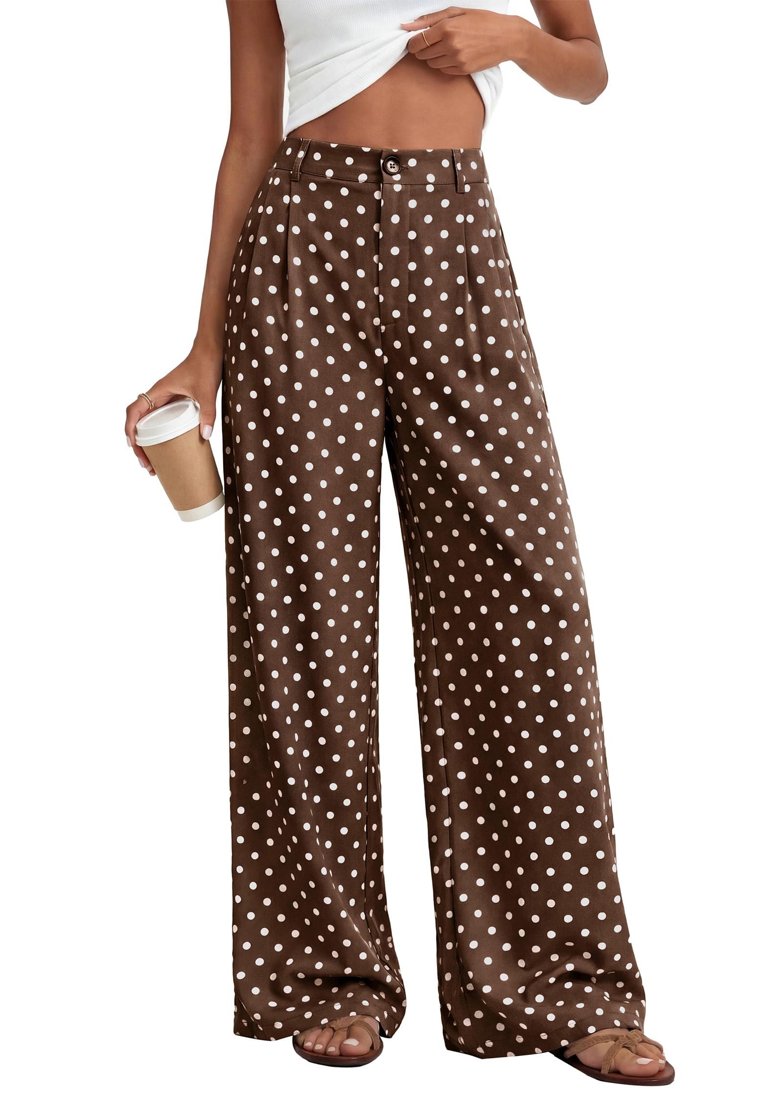 KIRUNDO Dress Pants Women 2026 Summer Polka Dot Palazzo Wide Leg Trousers Flowy Business Casual Slacks for Work with Pockets Dot Brown White X-Large