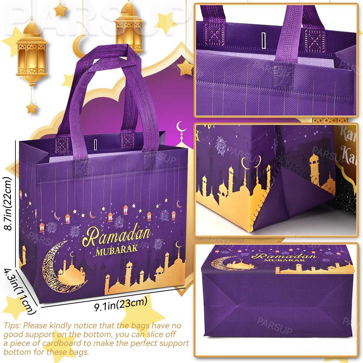 PARSUP 16PCS Eid Mubarak Reusable Gift Bags, Treat Bags with Handles, Ramadan Mubarak Party Bags, Multifunctional Non-Woven Eid Bags for Gifts Wrapping, Ramadan Kareem Party Supplies, 9.2"×8.7"×4.3"
