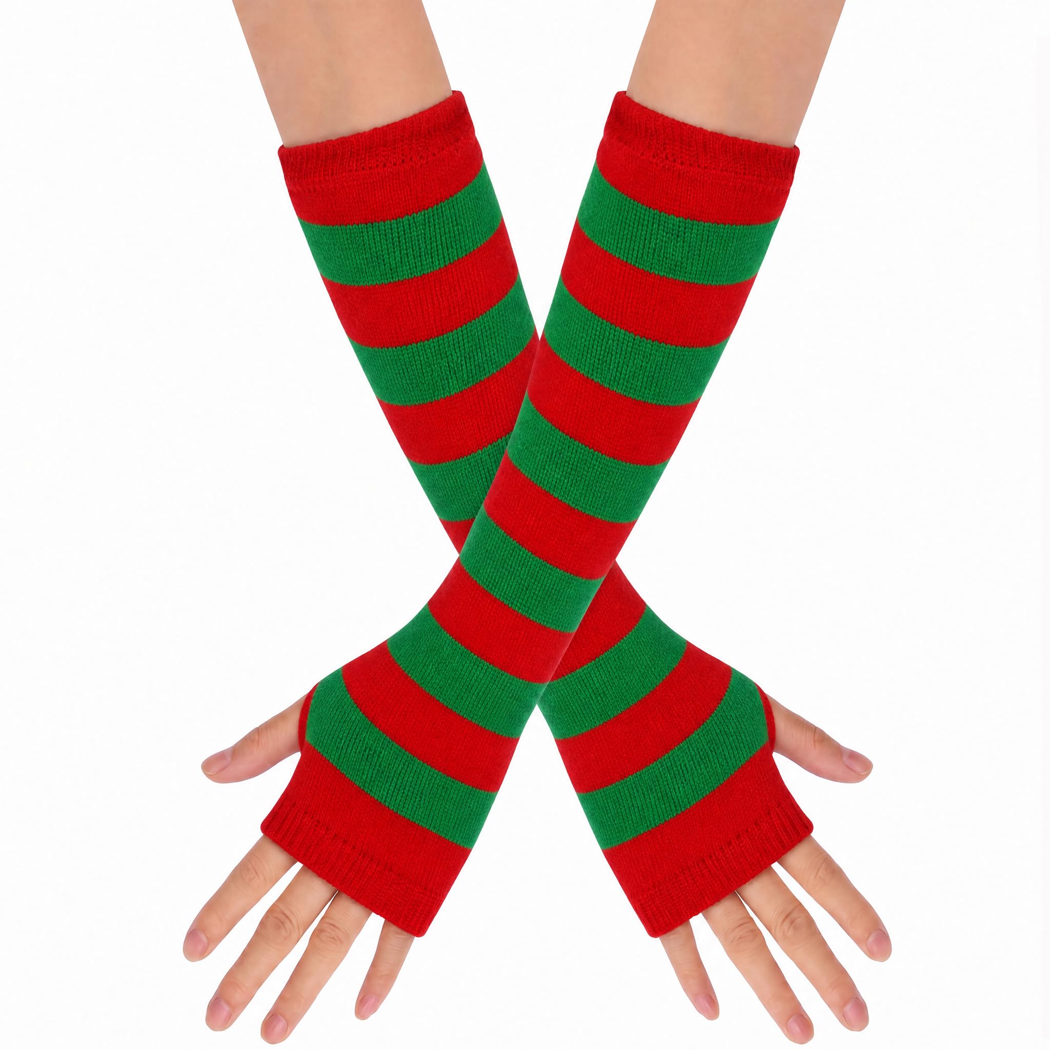 Leryavow Striped Punk Gothic Rock Long Arm Warmer Fingerless Gloves K Red Green