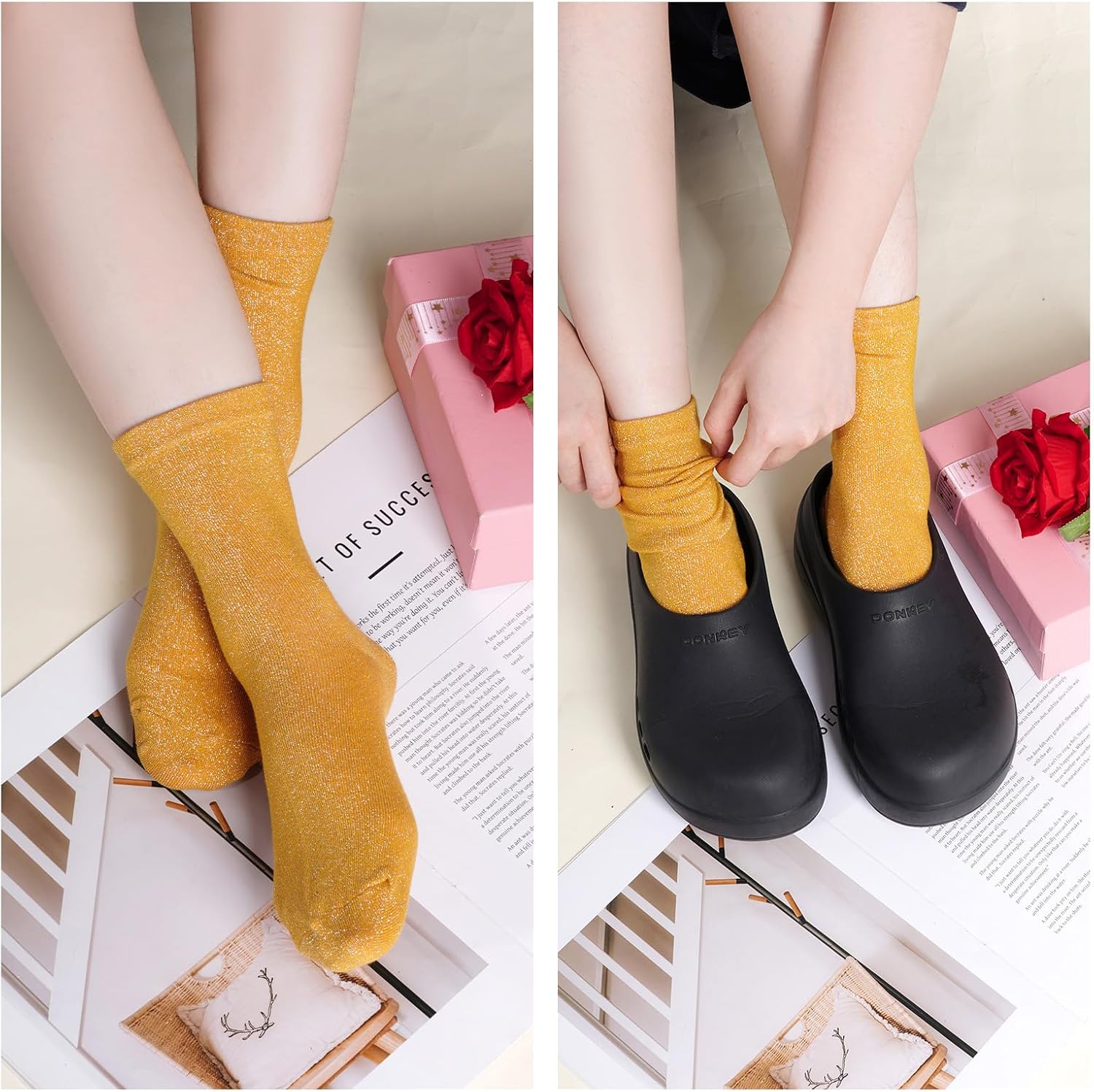 Sucrain 2 Pairs Gold Glitter Socks Novelty Bright Retro Ankle Socks Sparkly Metallic Shiny Bright Sock for women