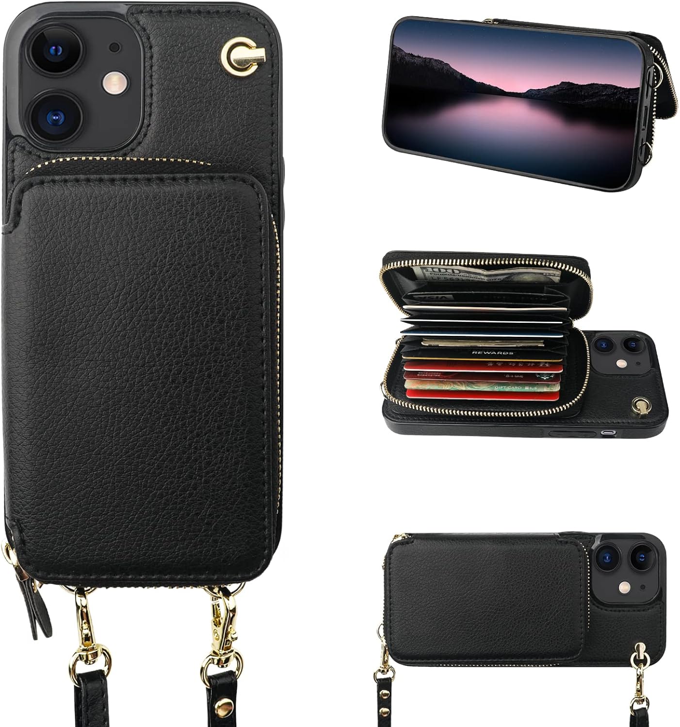 Bocasal Crossbody Wallet Case for iPhone 12/12 Pro, RFID Blocking Leather Purse Case with Card Holder, Protective Handbag Flip Cover with Zipper Wrist Strap Lanyard for Women 5G 6.1 Inch (Black)