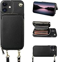 Vista 30 de Bocasal Funda tipo cartera cruzada para iPhone 12/12 Pro, funda de piel con bloqueo RFID y soporte para tarjetas, funda protectora con cremallera