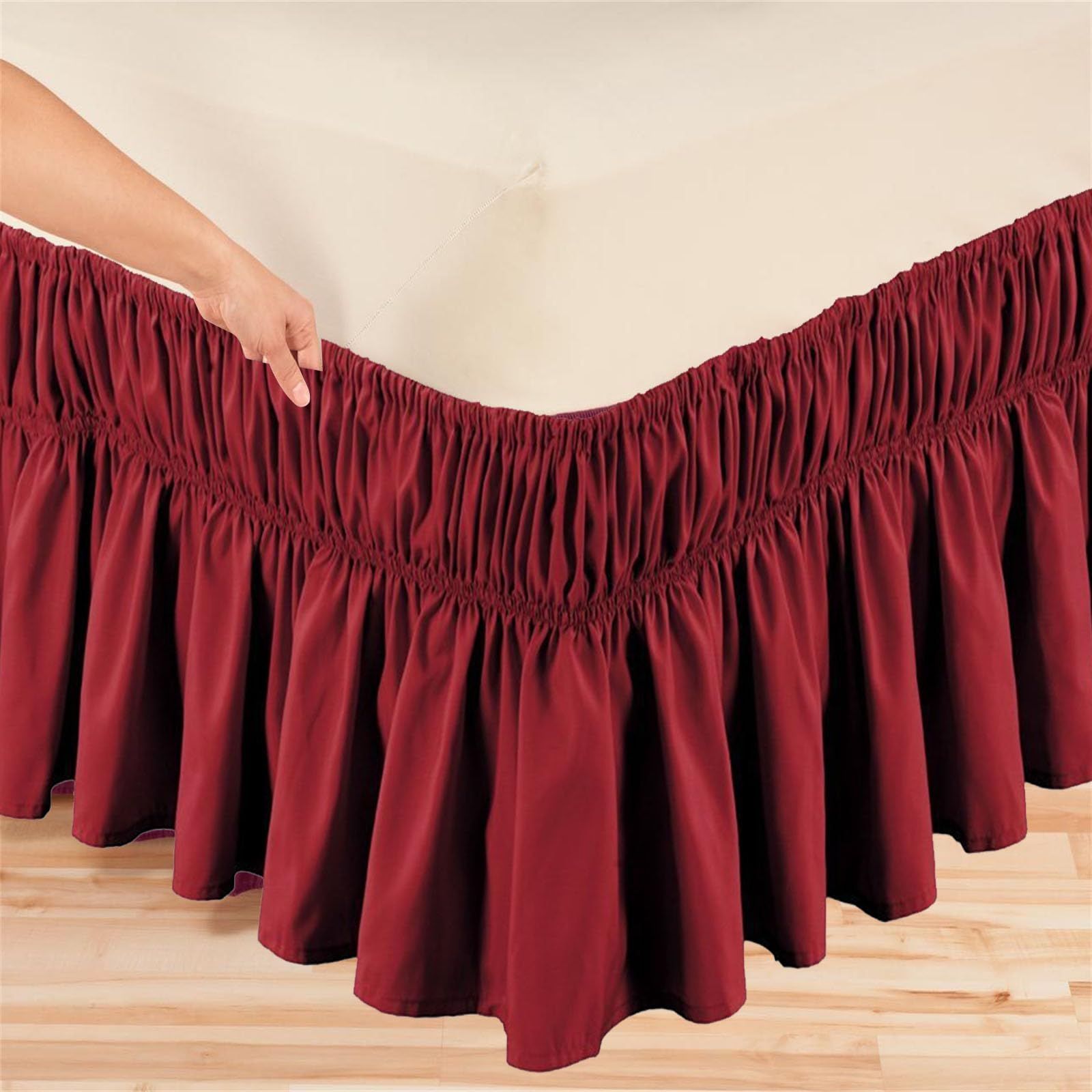 Morbuy Elasticated Bed Skirt Ruffle, Microfiber Bed Skirt Dust Ruffle Bed Valance Skirt with 30cm Ruffles, Wrap Around Bed Skirt Three Sides Elastic Band (Burgundy,150x200+30cm)