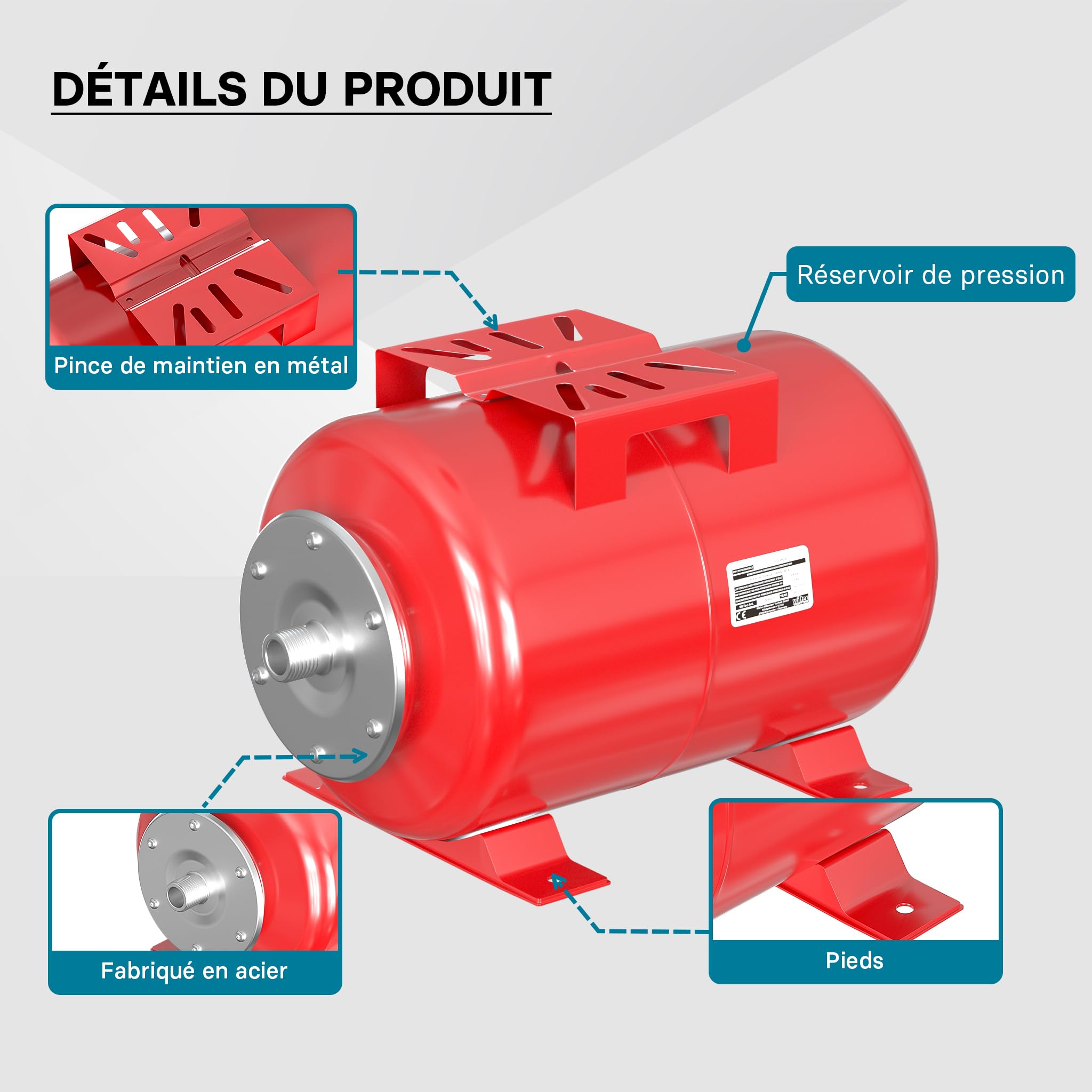 Wiltec Réservoir pression à vessie 24 Litres Acier horizontal Surpresseur eau domestique