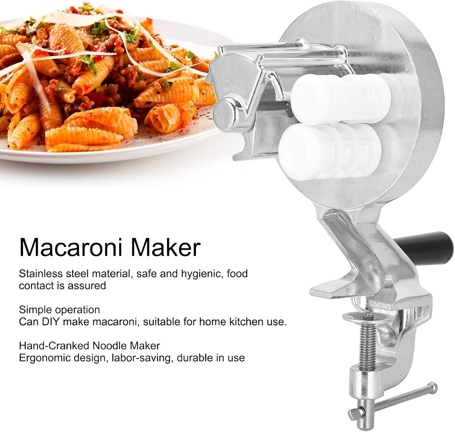 Prensa manual para pasta de macarrones, máquina para hacer fideos con manivela de acero inoxidable, herramienta de cocina compacta para pasta casera.