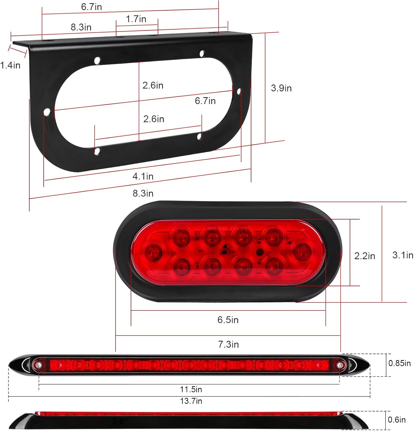LIMICAR 6 Inch Oval Trailer Lights, Trailer Light Bracket with Light Bar and Wiring, 2PCS Waterproof Stop Brake Backup Reverse Lights for Boat RV Truck