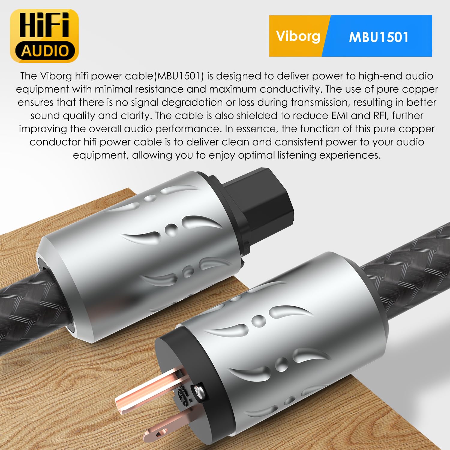 Viborg Audiophiles Netzkabel, 1,5 m, HiFi-Netzkabel, US-Wechselstrom, Hi-End-Netzkabel, 2 x 9 AWG, 16 Stück Multiplex-Kupfer, PTFE-Isolierung, Netzkabel mit US+IEC C15-Stecker