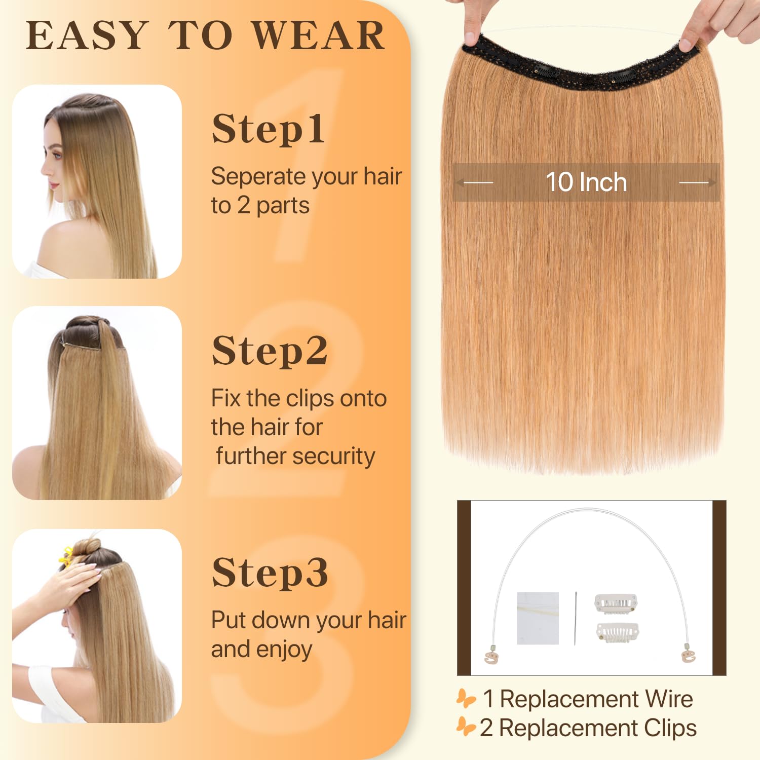 TESS Halo & Clip in Hair Extension 100% Real Human Hair Wig One Piece Adjustable Invisible Transparent Wire with 2 Secure Clips for Women UK #27 Dark Blonde 16 inch 65g - Image 4