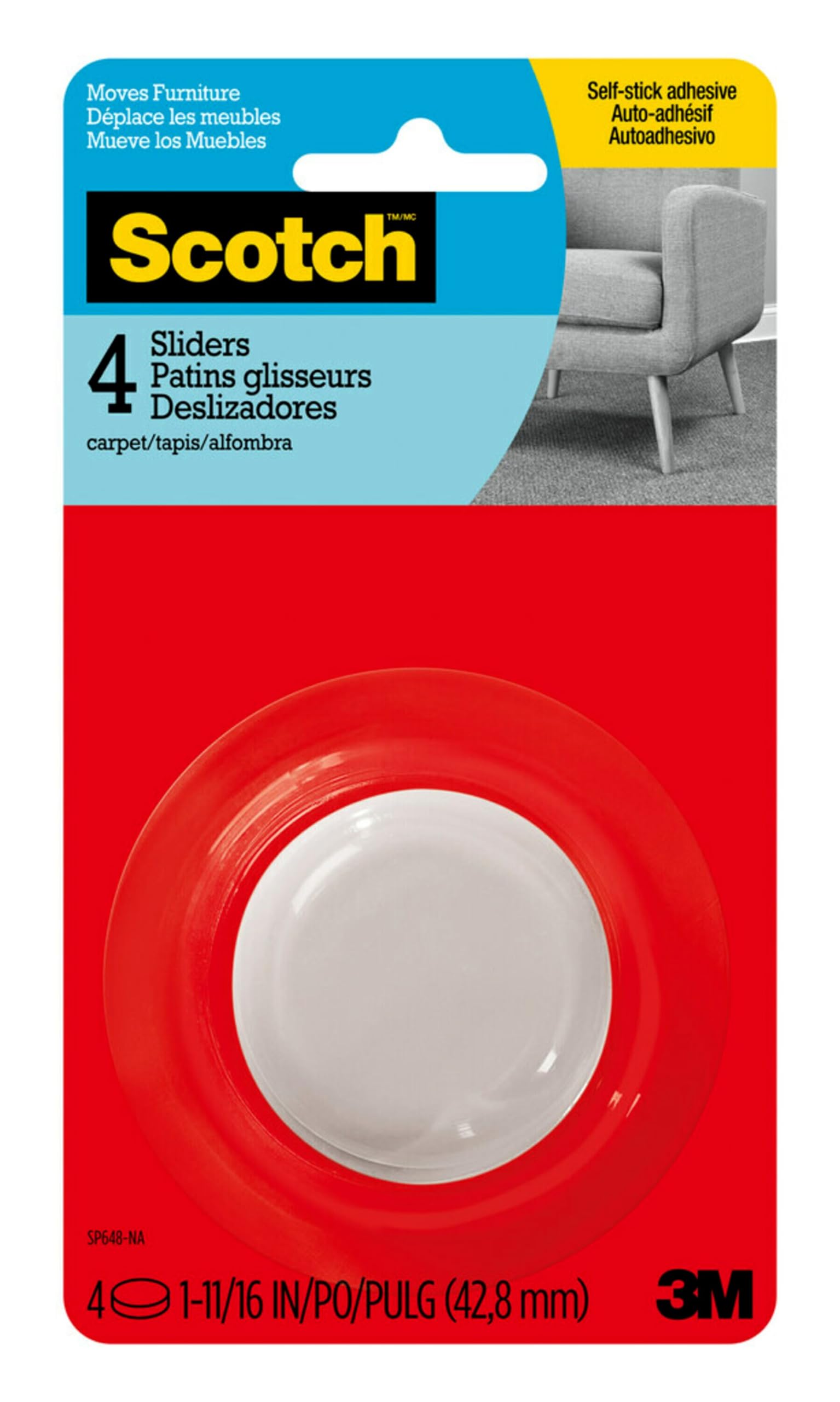 Scotch Deslizadores Adhesivos Duros de 1-11/16 Pulgadas, 4 Unidades, Protectores de Suelo para Patas de Silla, Almohadillas para Muebles para Suelos de Madera Dura